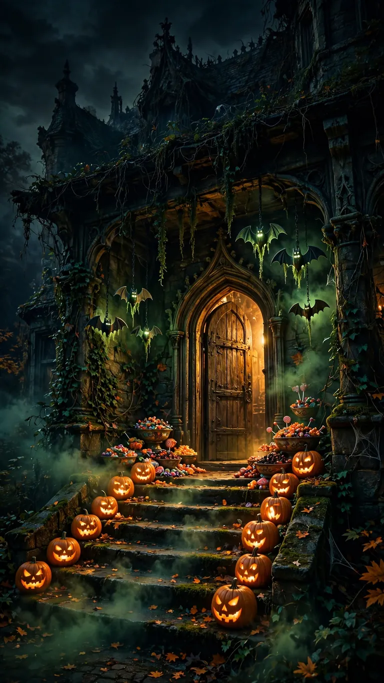 Free Trick-or-Treat at the Haunted Manor Halloween phone wallpaper for download