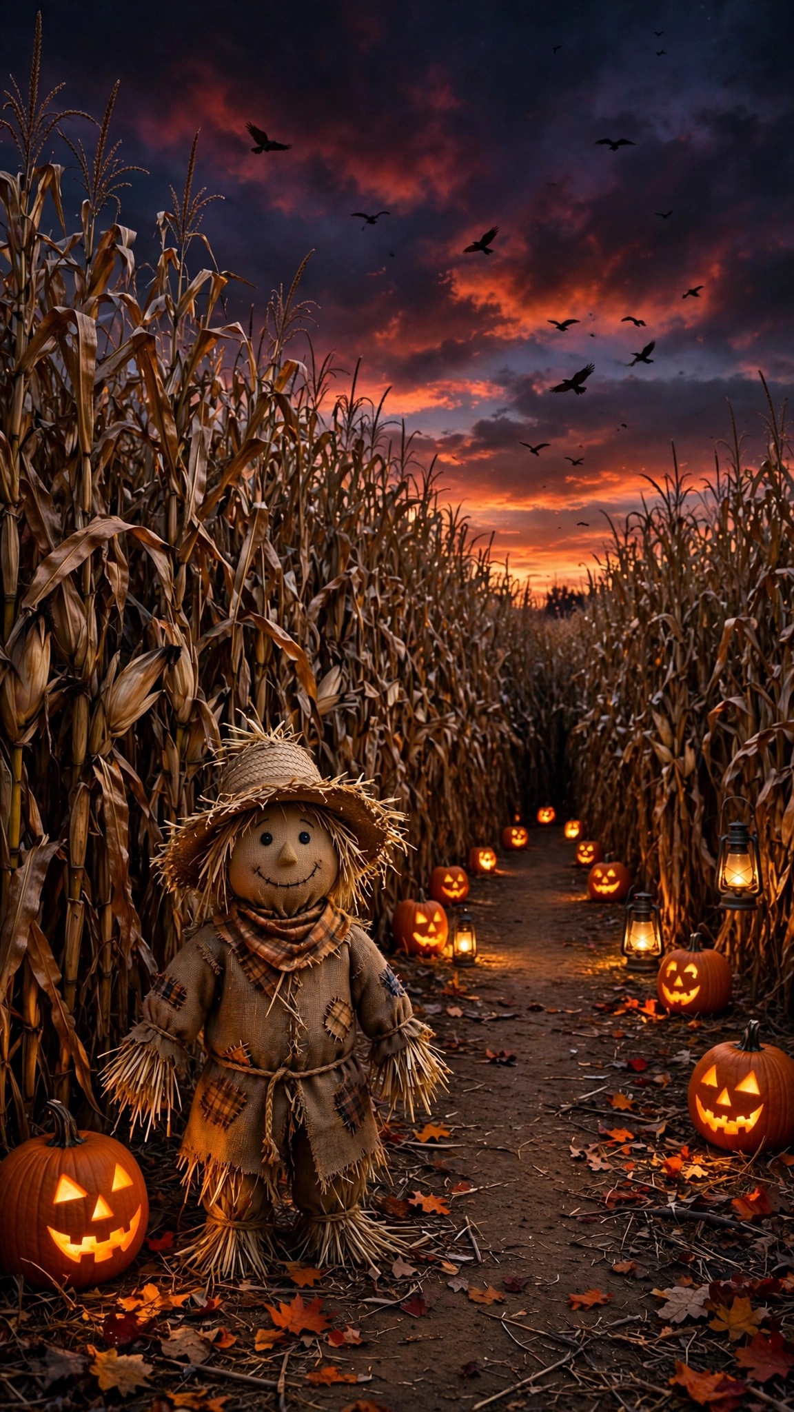 Straw scarecrow at the entrance of a corn maze lined with glowing jack-o'-lanterns at dusk