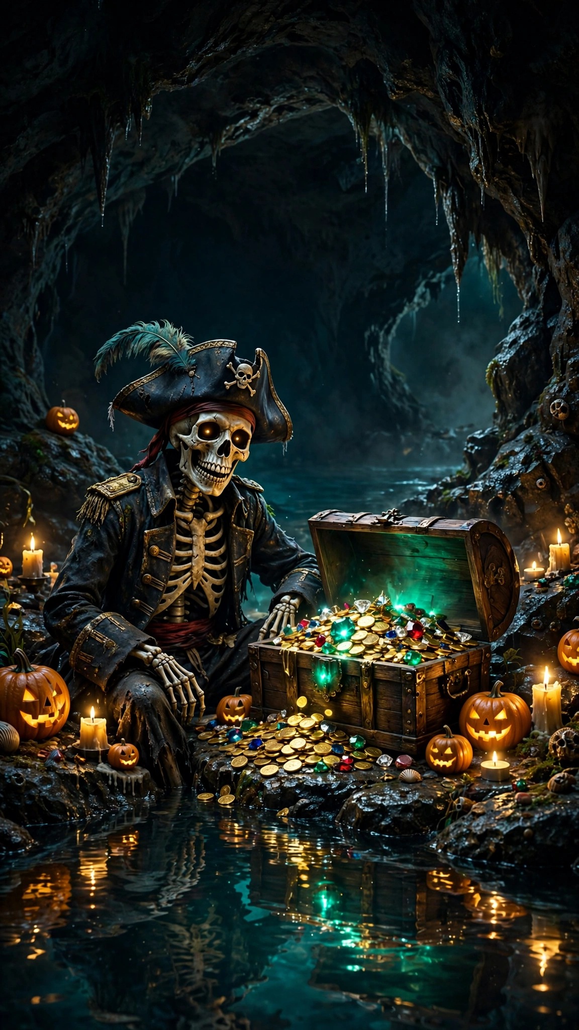 Skeleton pirate captain beside a glowing treasure chest in a torch-lit sea cave with pumpkins and candles
