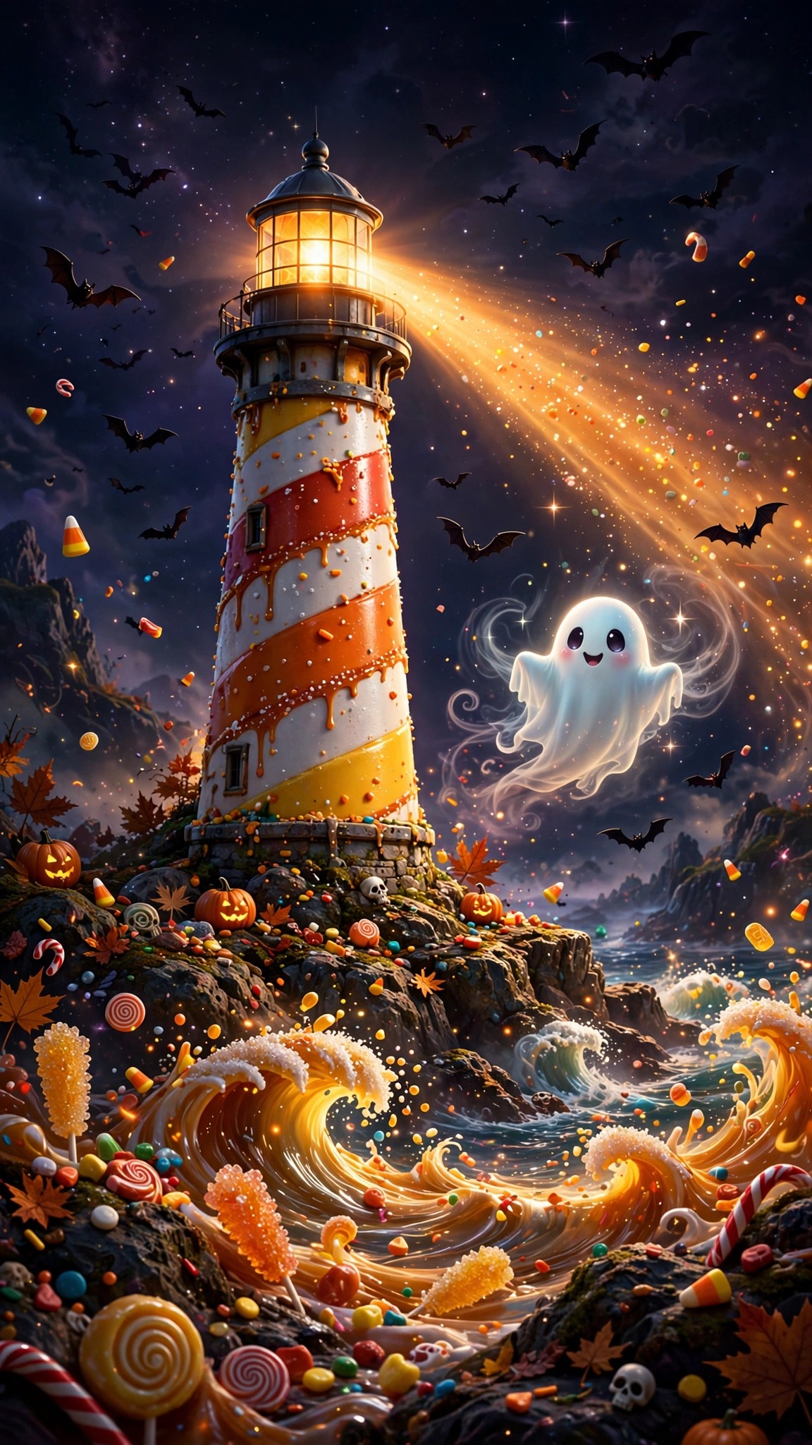 Candy-corn lighthouse with a friendly ghost under a starry sky