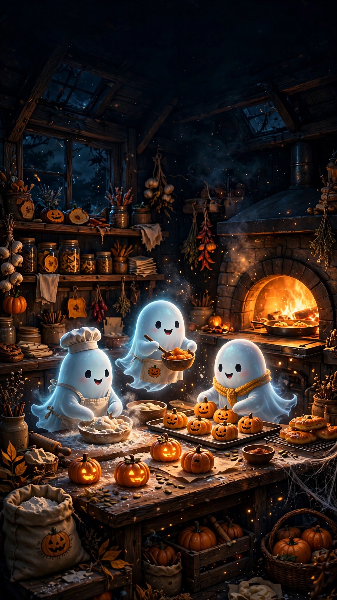 Friendly ghosts baking pumpkin pastries by a glowing oven at midnight