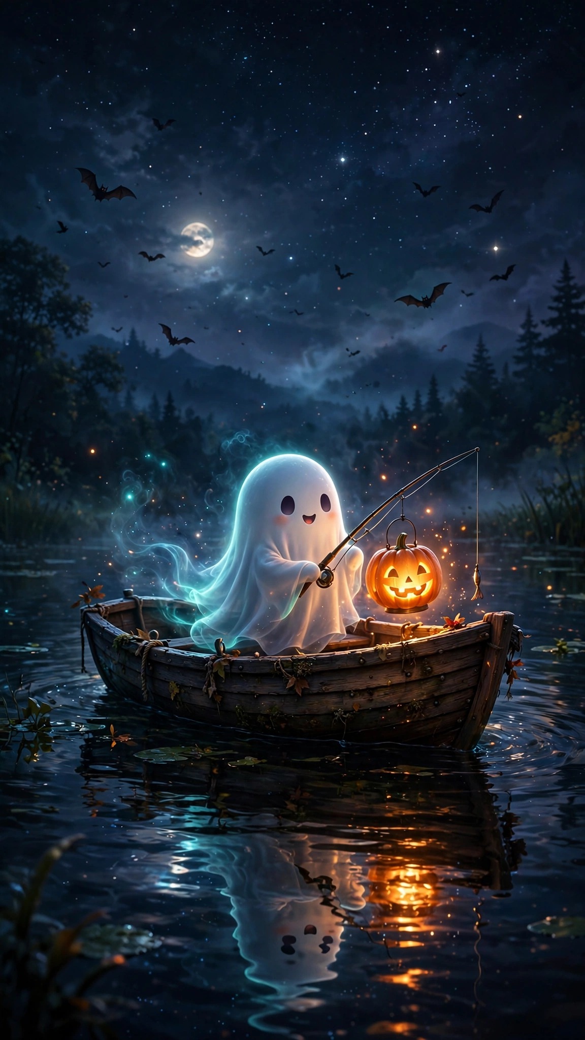 Ghost fishing from a boat with a glowing pumpkin lantern