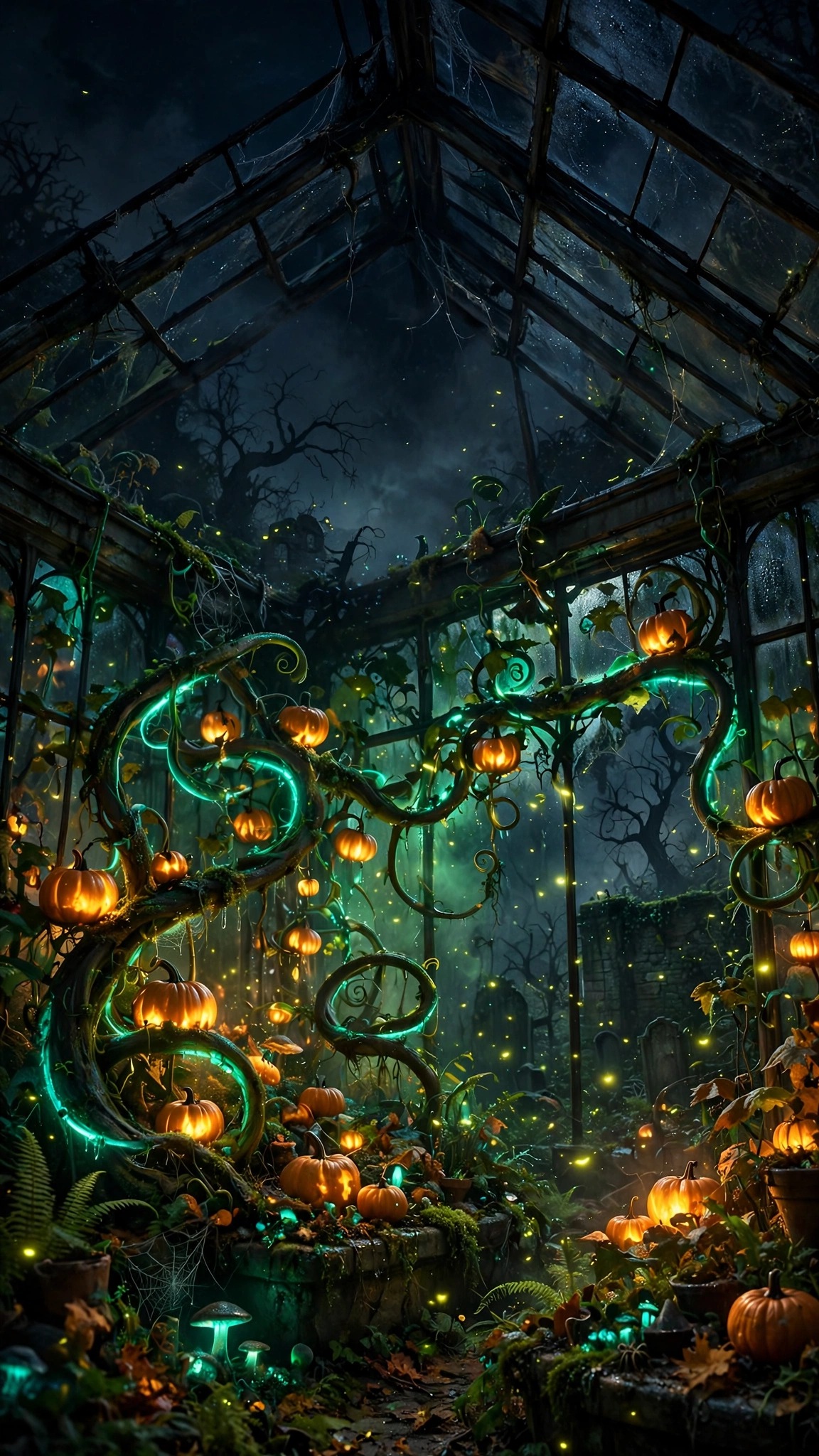 Glowing pumpkins on luminous vines inside a haunted greenhouse