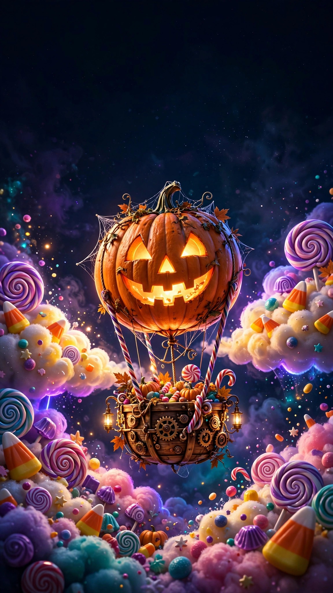Glowing jack-o-lantern airship floating among candy clouds at night