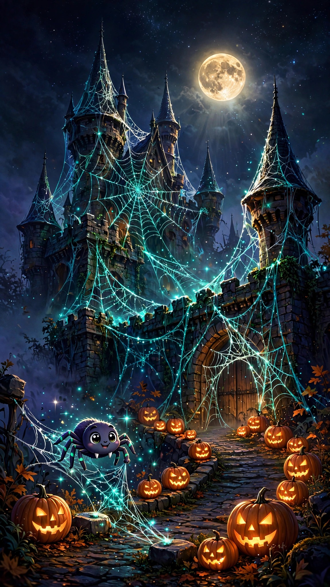 Castle covered in glowing spider webs with pumpkins and a spider