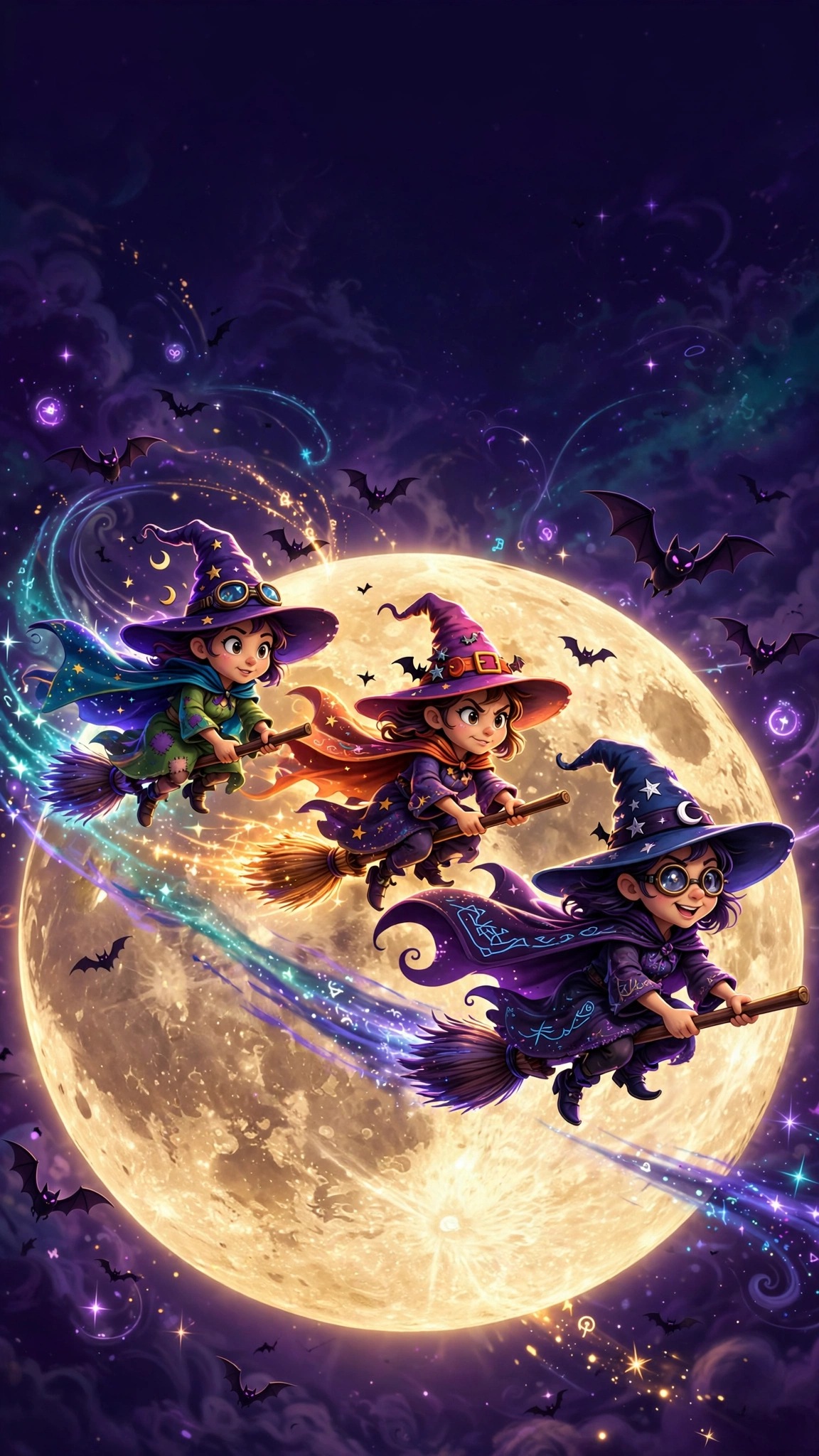 Witches racing on broomsticks across a giant full moon