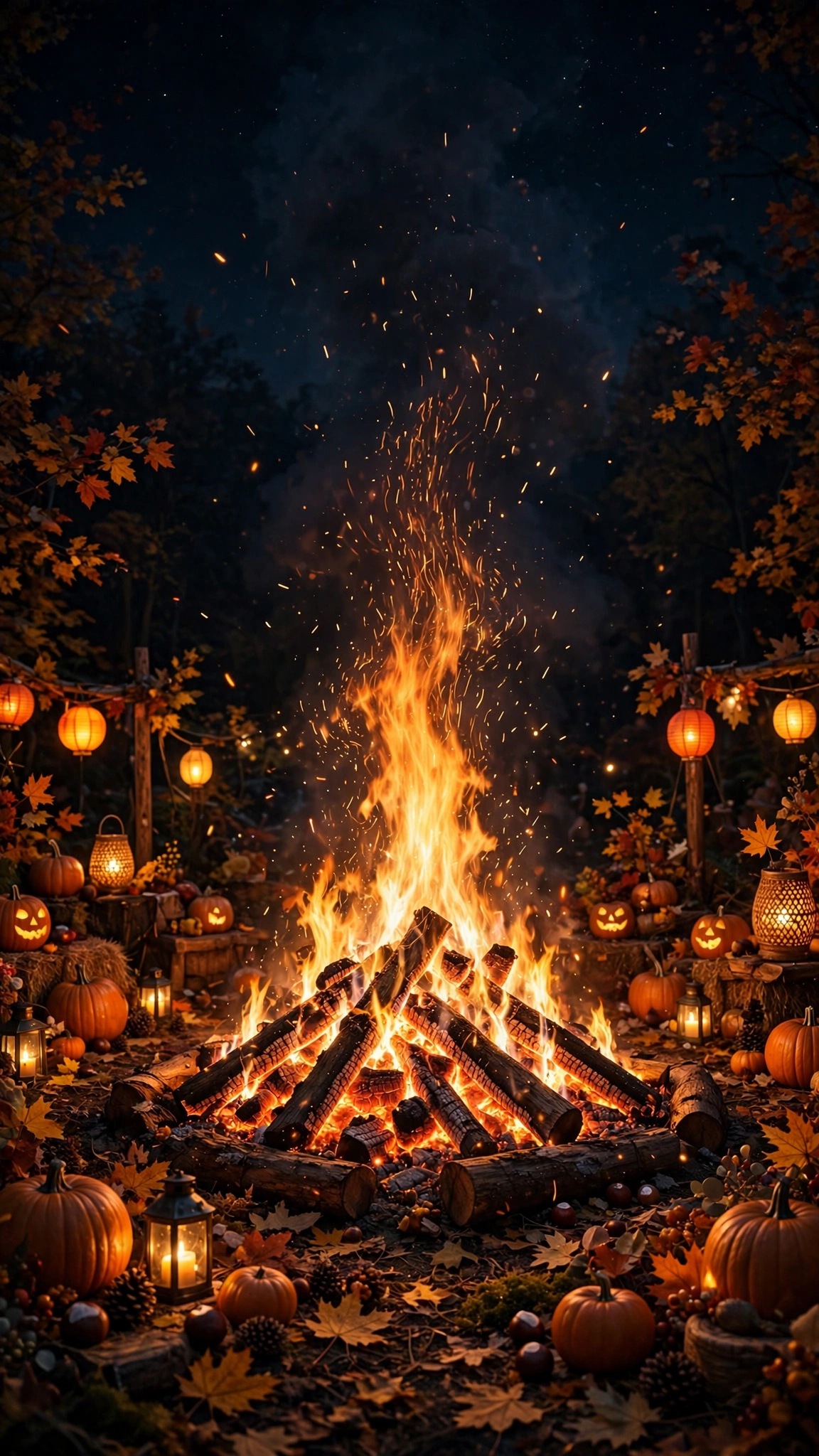 Crackling bonfire with glowing embers and pumpkins on an autumn night