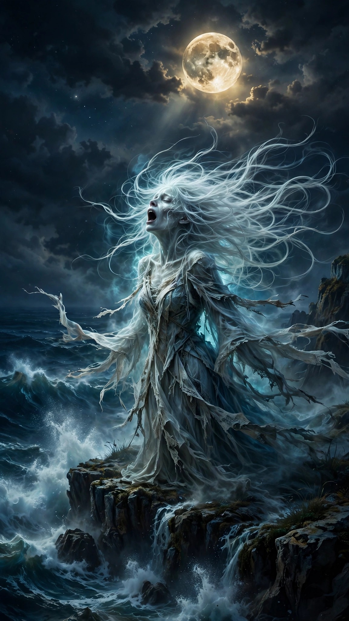 Ghostly banshee wailing on moonlit sea cliffs beneath a full moon