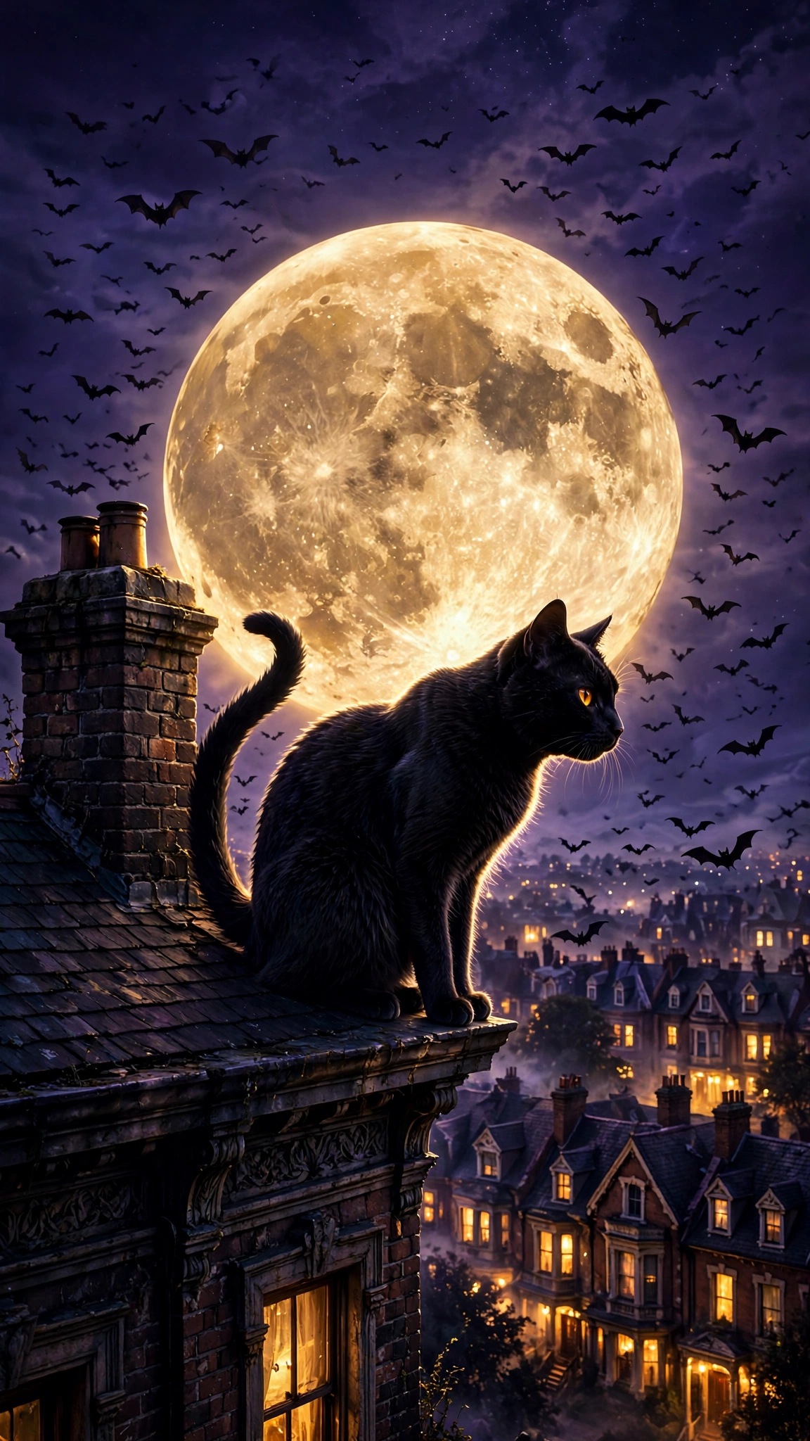 Black cat on a moonlit rooftop beneath a huge full moon with bats