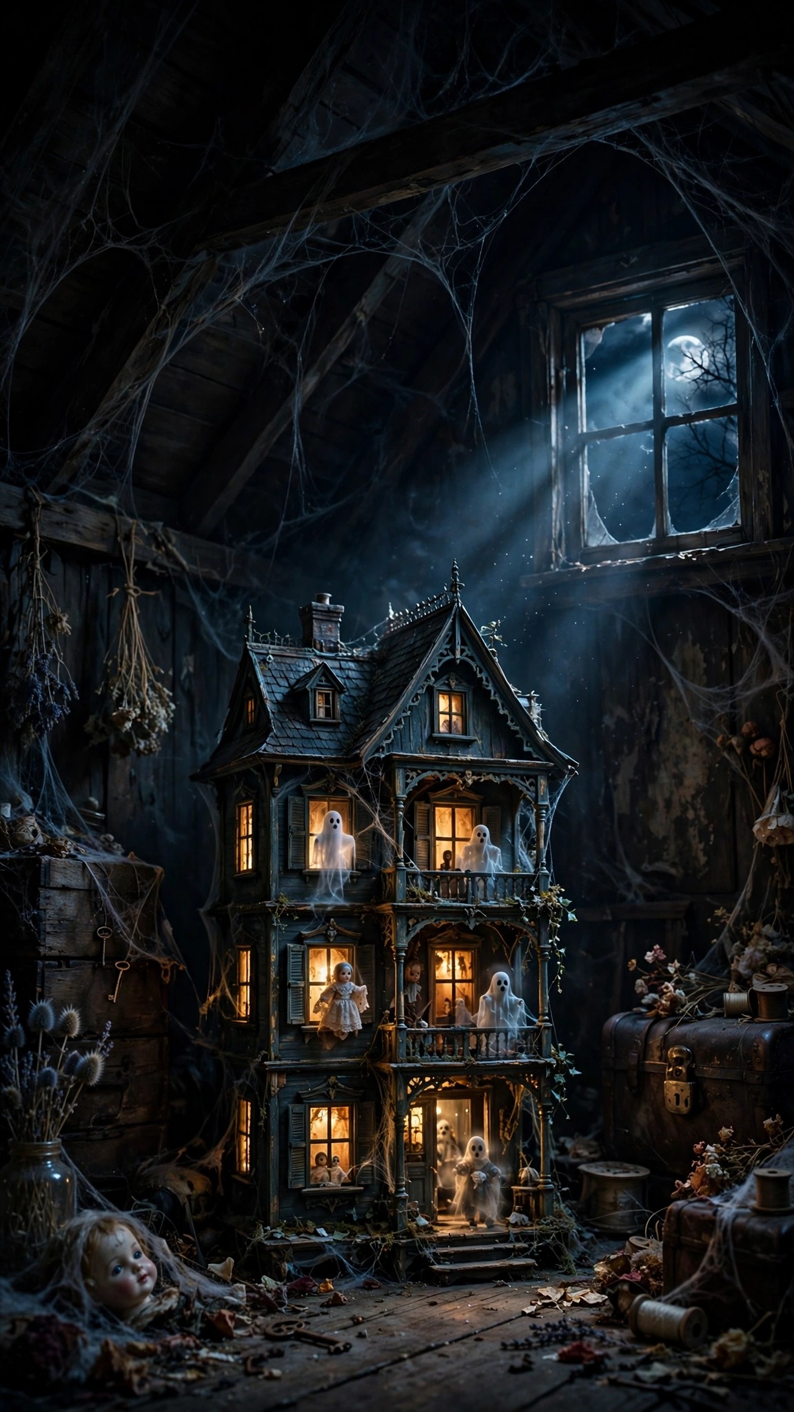 Enchanted dollhouse with glowing windows and tiny ghosts in a midnight attic