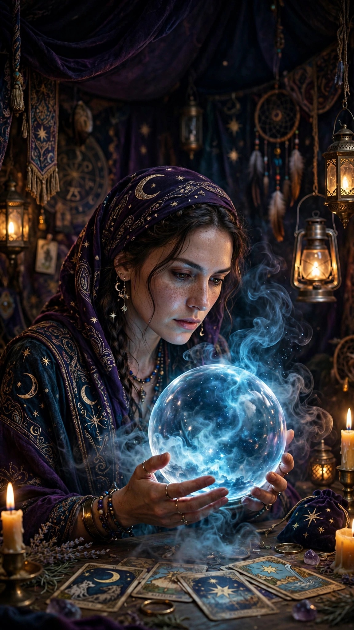Fortune teller gazing into a glowing crystal ball in a candlelit tent