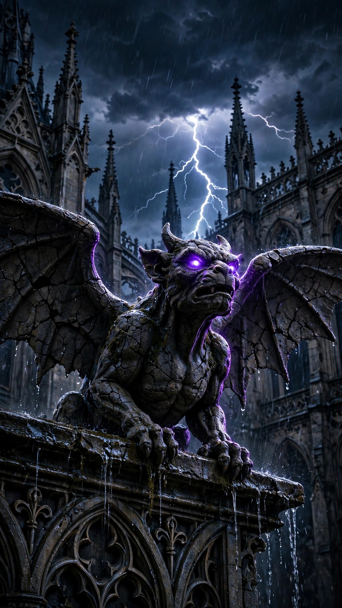Stone gargoyle with violet glowing eyes on a cathedral ledge in a storm