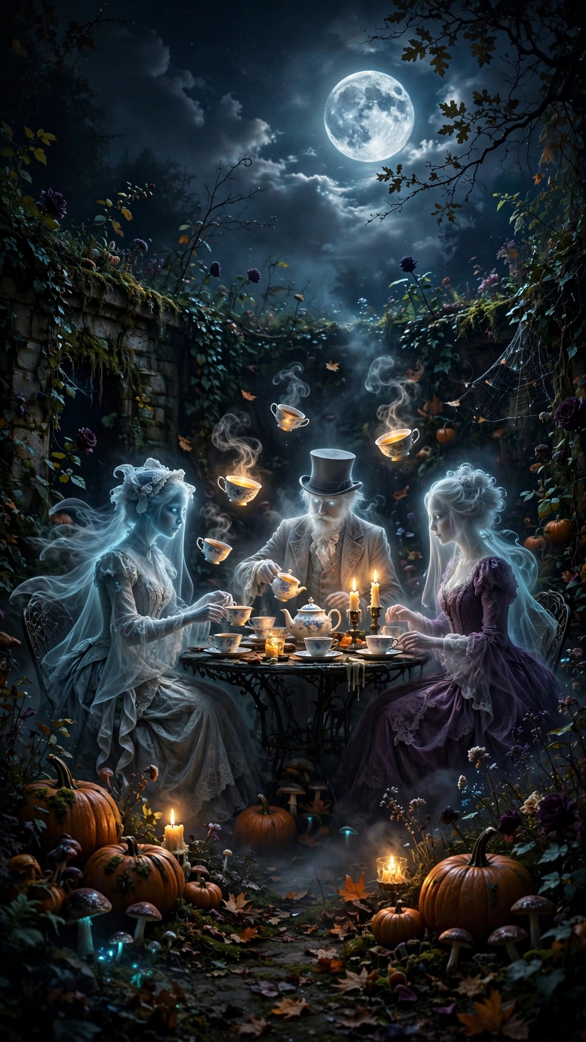 Ghostly figures at a candlelit tea party in a moonlit garden