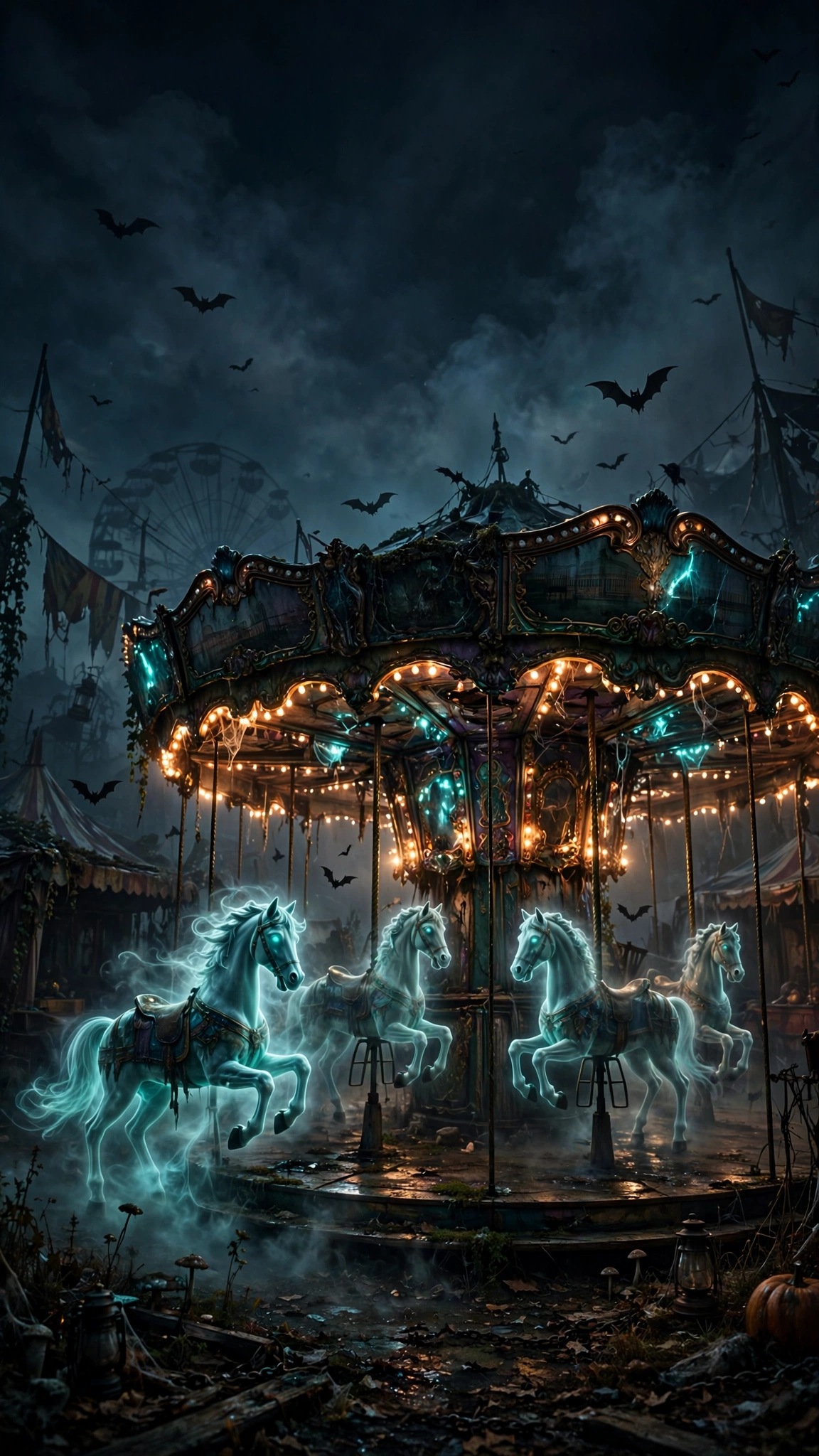Haunted carousel with ghostly horses in a dark midnight carnival