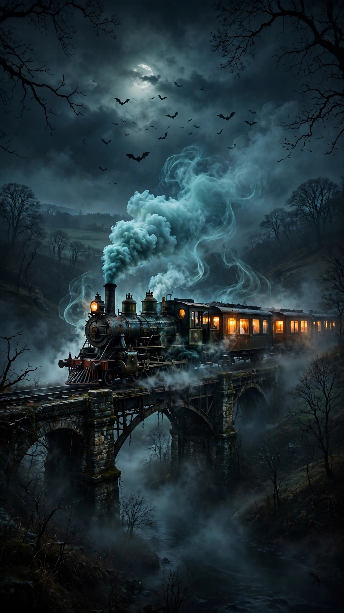 Ghostly steam train with glowing windows crossing a foggy moonlit bridge