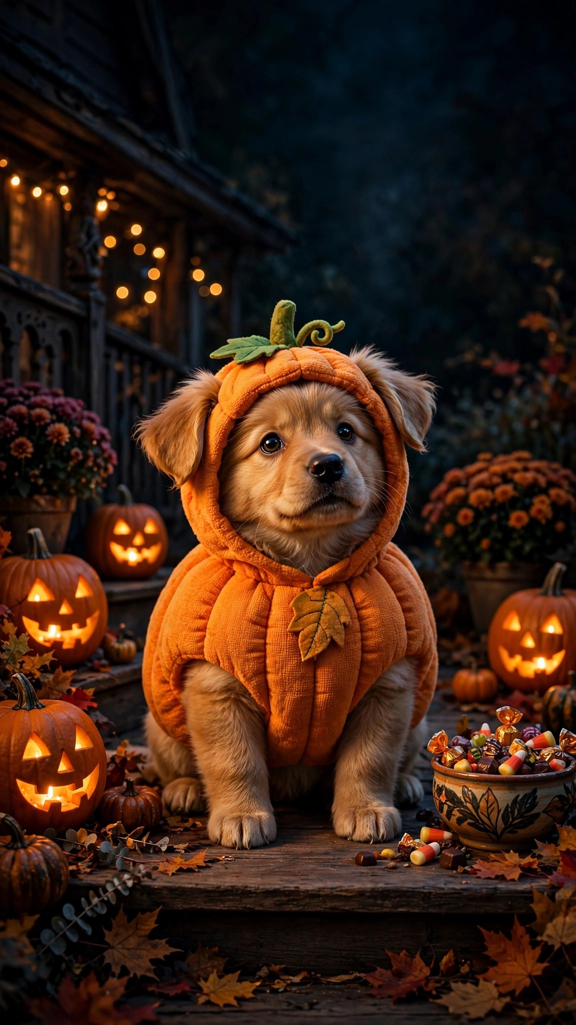 Puppy in a pumpkin costume on a Halloween porch with jack-o-lanterns