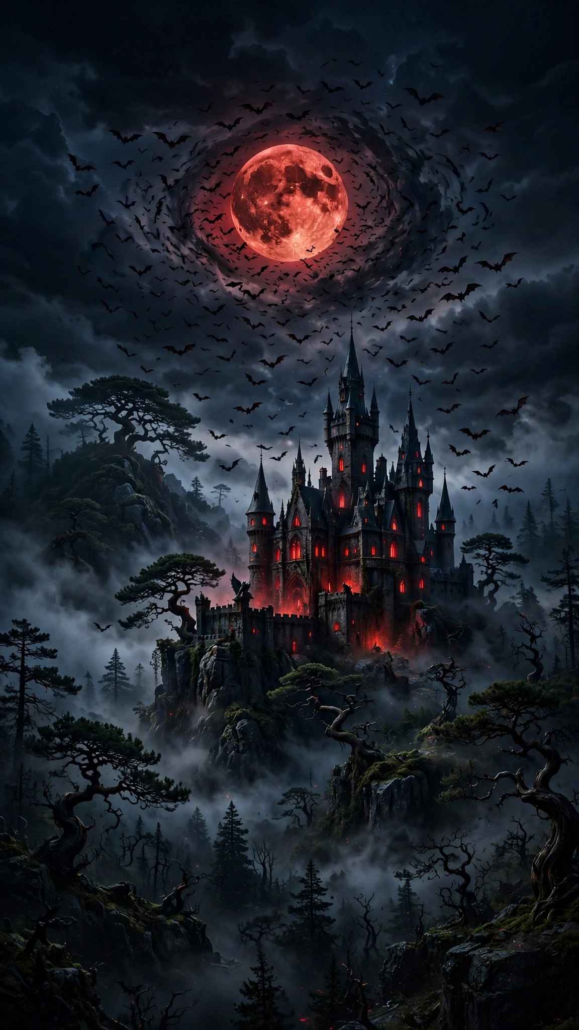 Gothic castle with red windows under a blood moon and bats