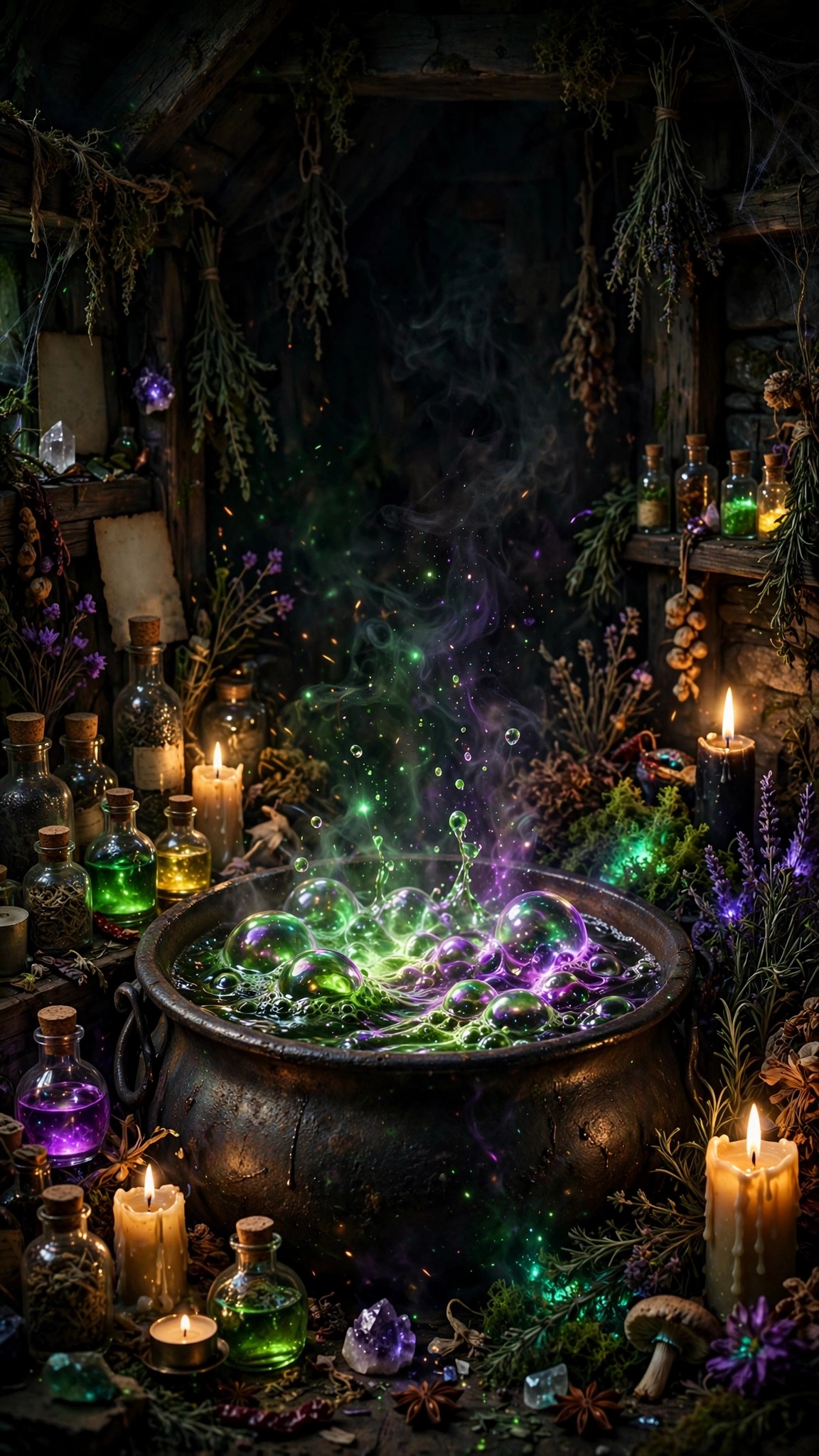Bubbling green and violet potion cauldron with candles