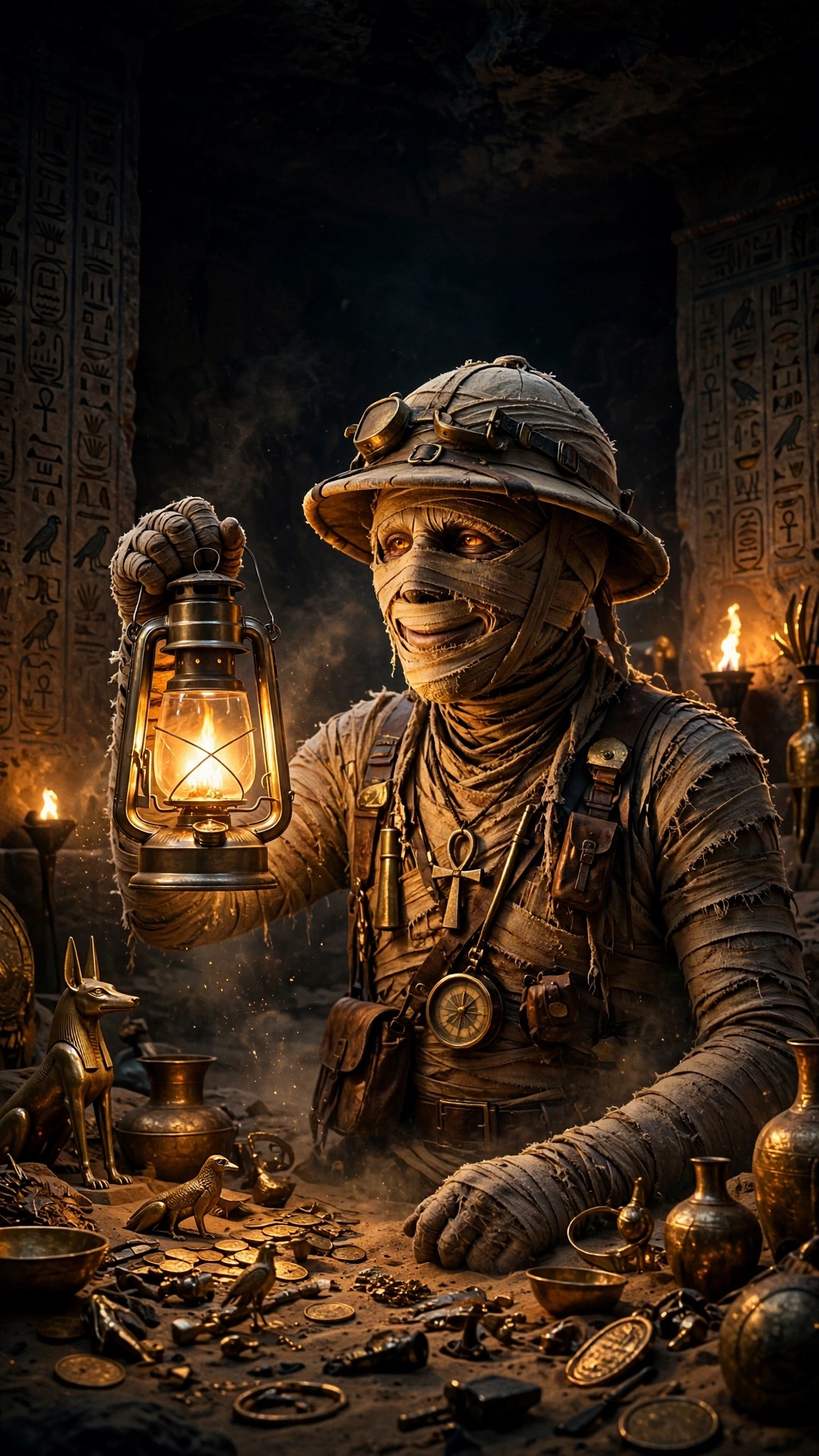 Mummy archaeologist with a lantern in an ancient tomb