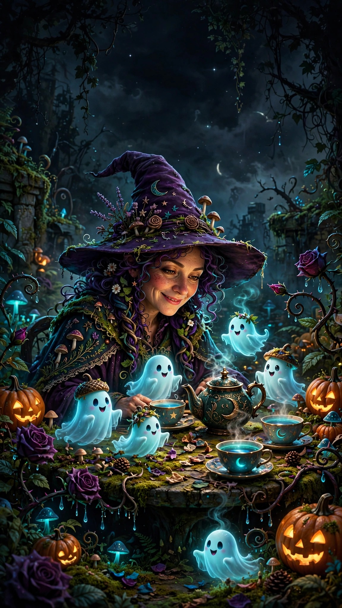 Witch hosting a tea party for ghost guests in a garden