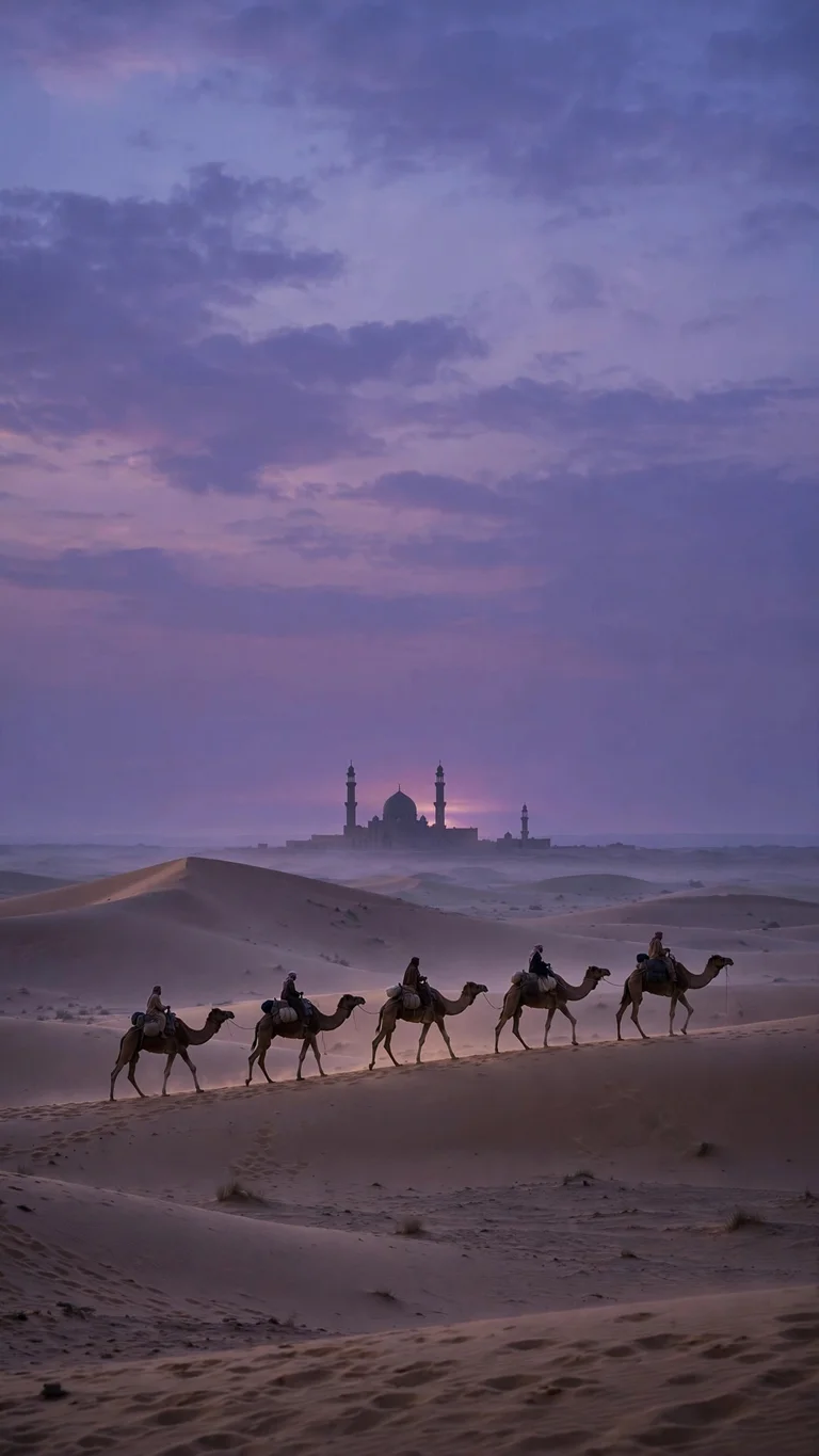 Camel caravan crossing dunes toward a distant mosque silhouette with minarets at purple dusk