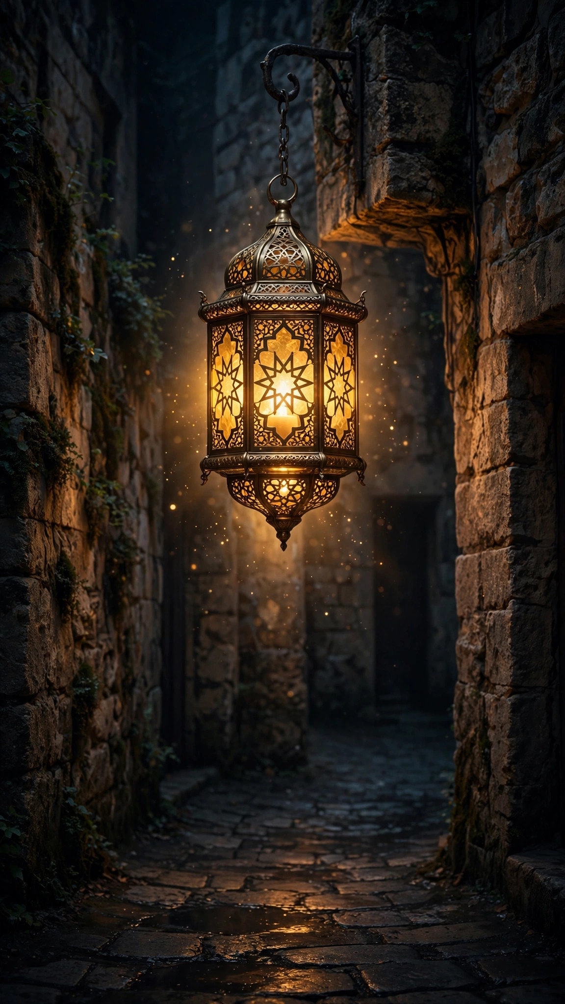 Glowing ornate Ramadan lantern hanging in a dark old stone alley