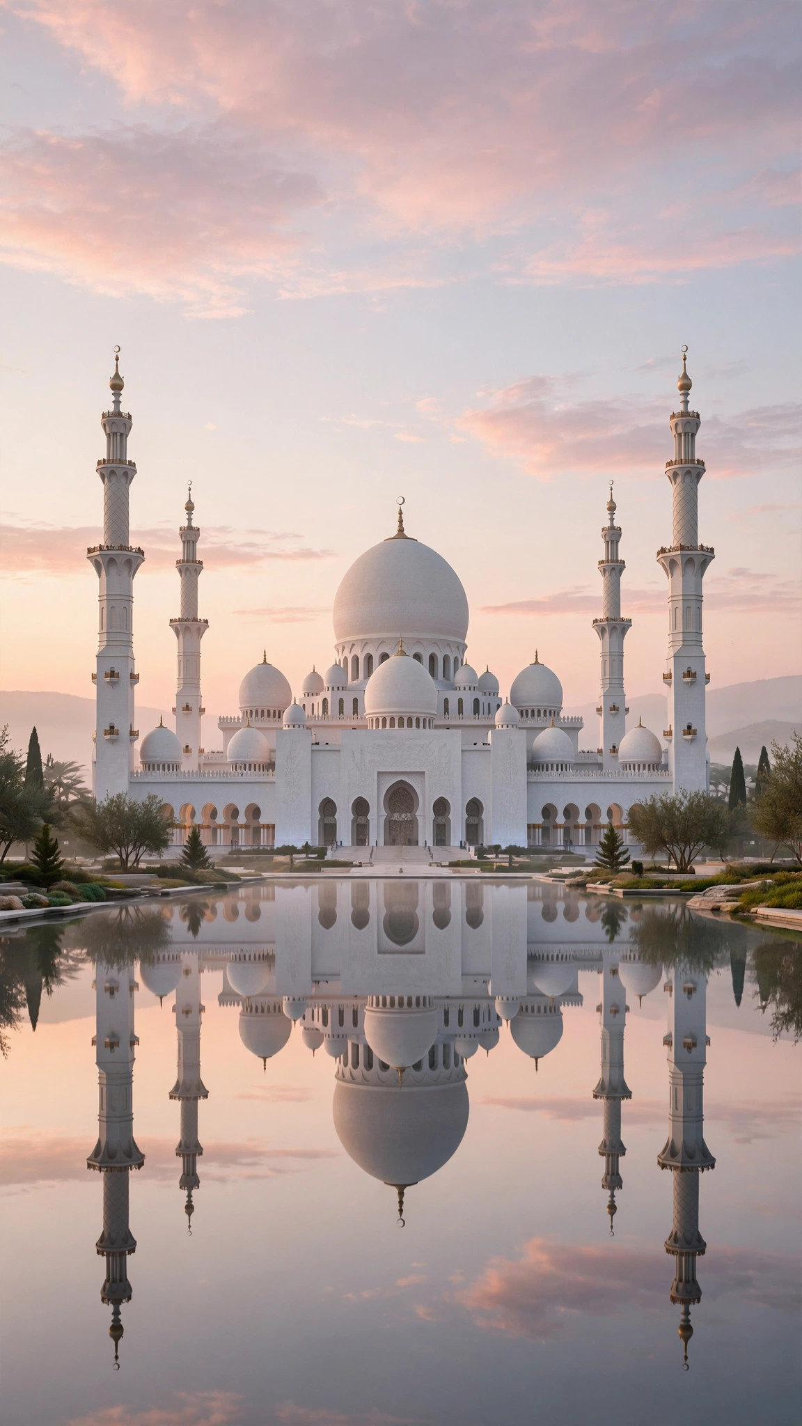 Grand white mosque with domes and minarets perfectly reflected in a still pool at dawn