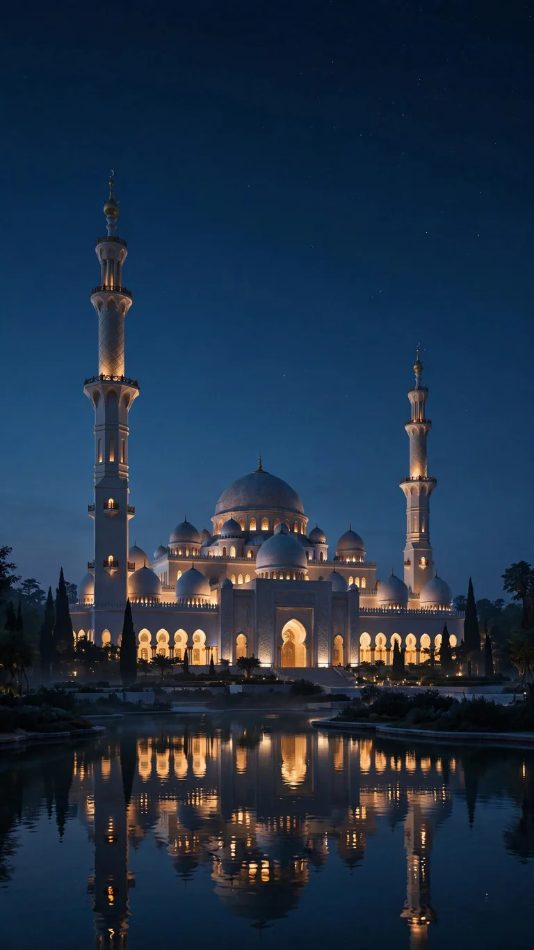 Majestic mosque domes and slender minarets at deep blue hour with warm lights glowing in windows