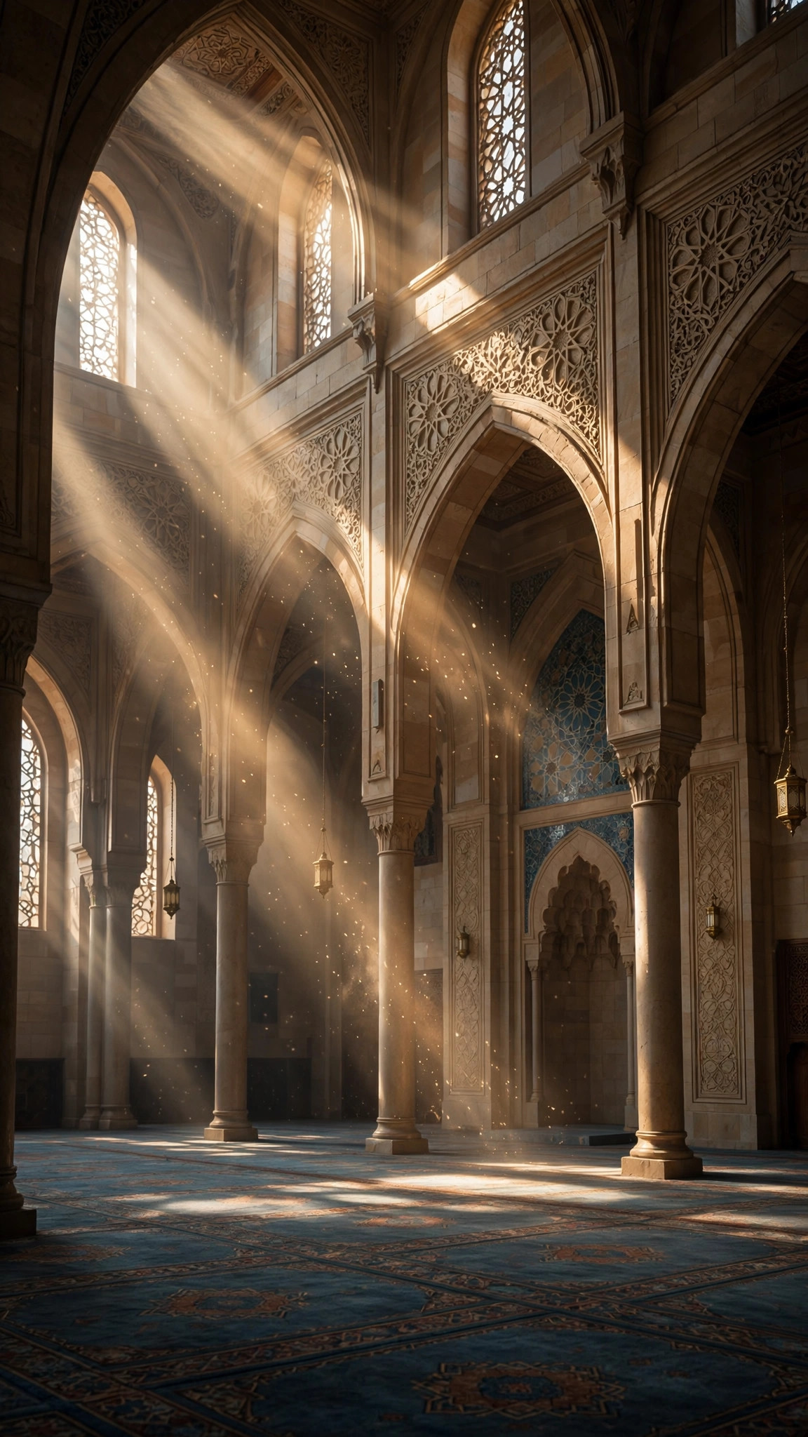 Mosque interior with tall pointed arches and dramatic shafts of sunlight streaming through