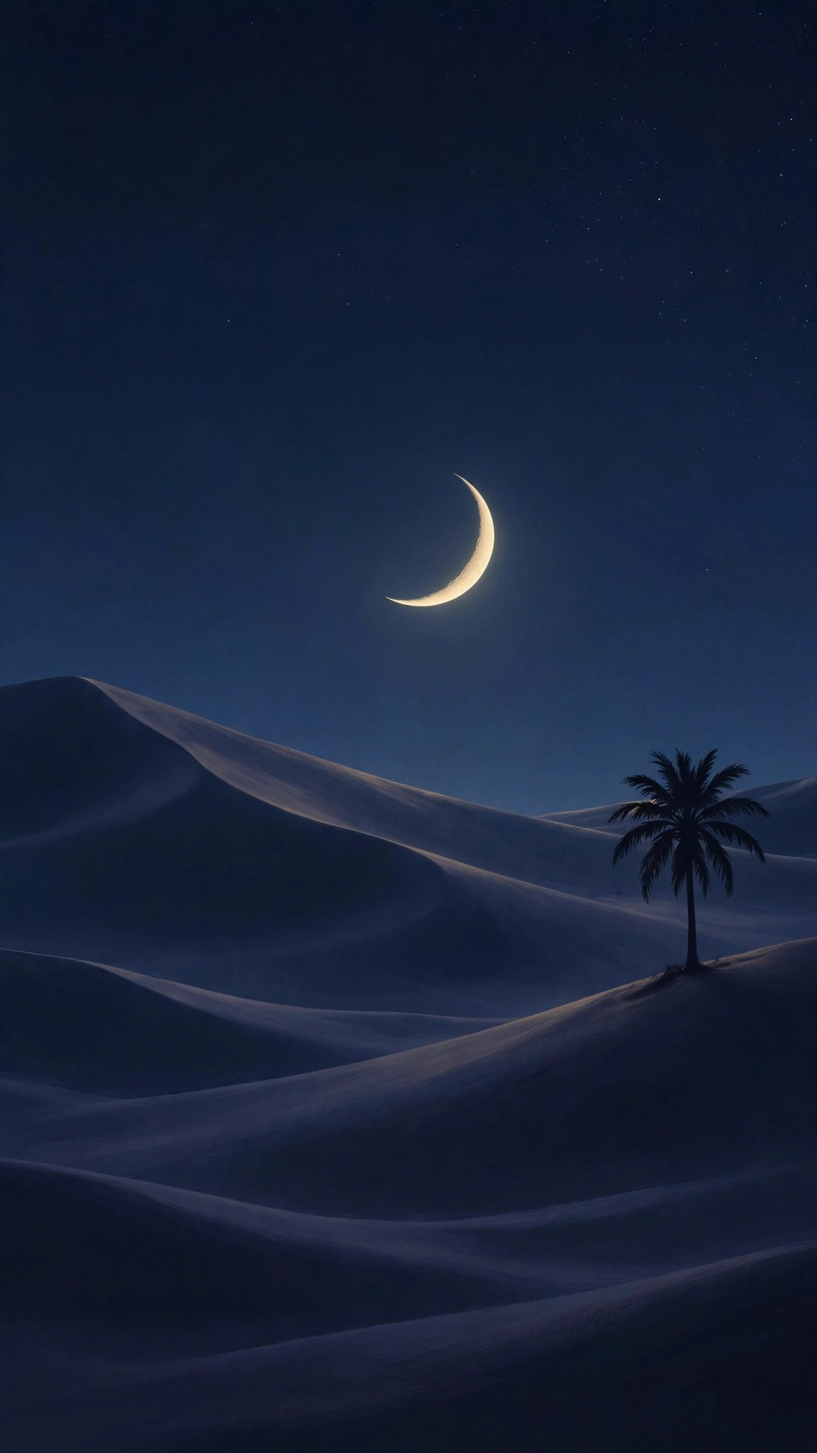 Slender crescent moon rising over smooth desert dunes with a single palm tree silhouette