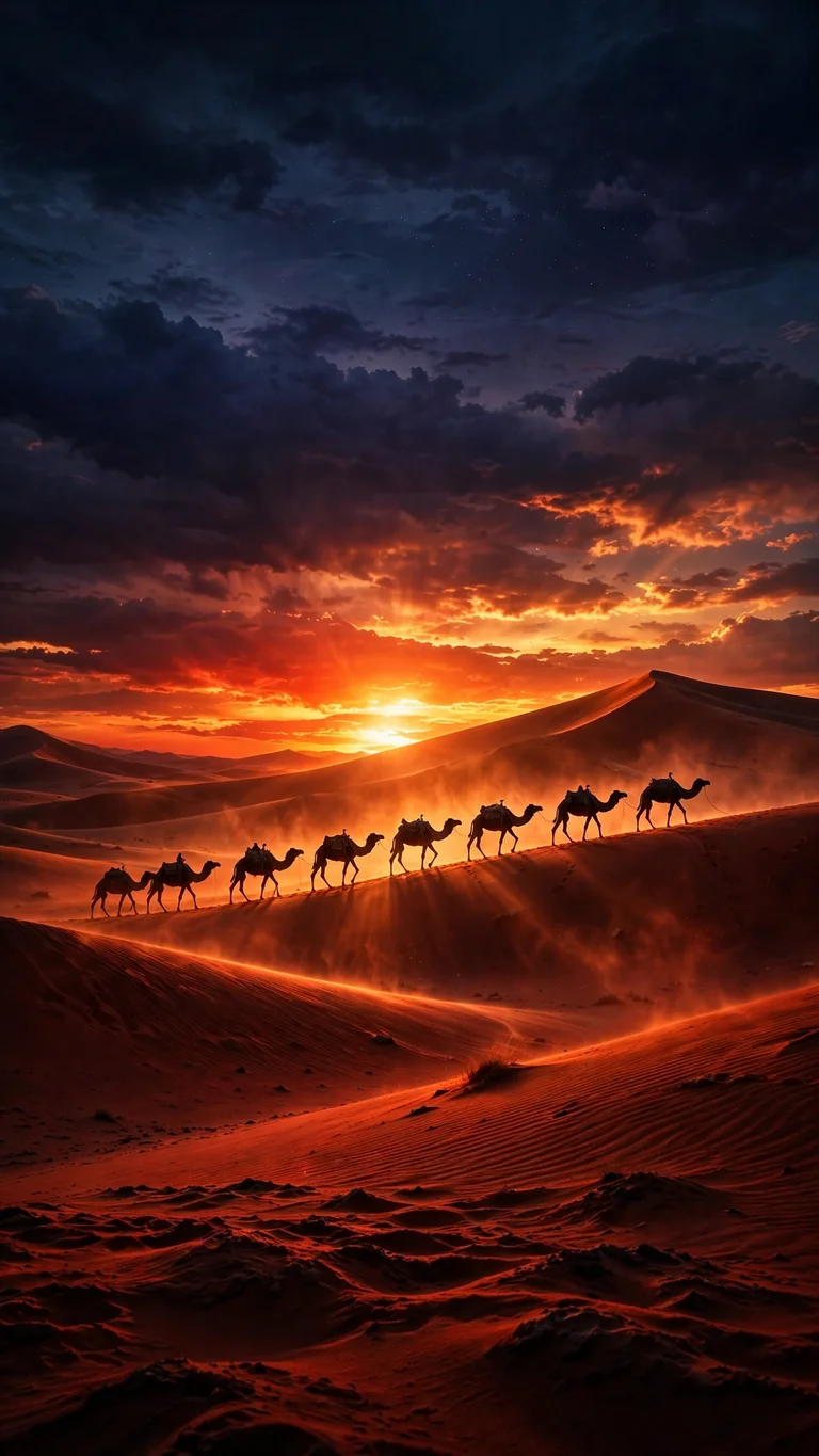 camel caravan silhouettes crossing red dunes at burning sunset