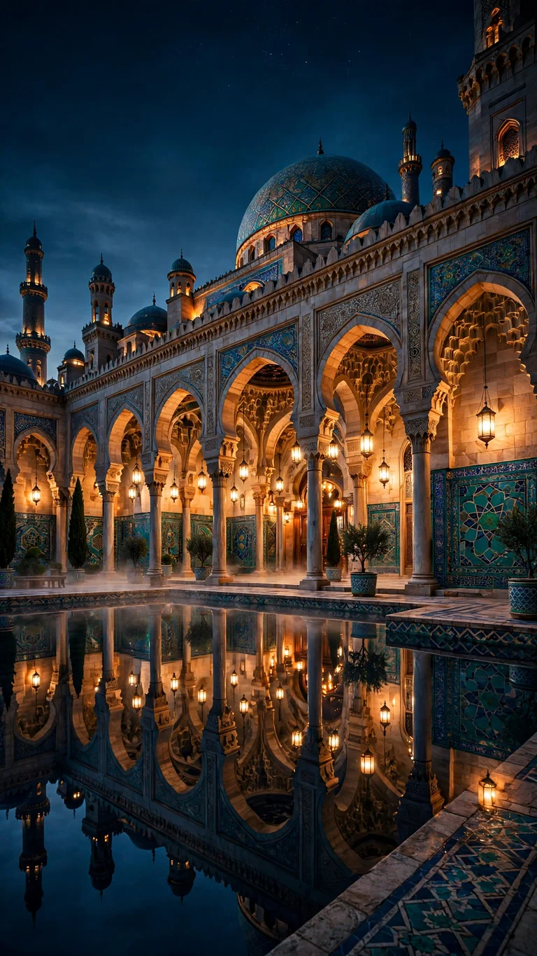 mosque courtyard arches with mirror reflecting pool at dusk warm lantern light