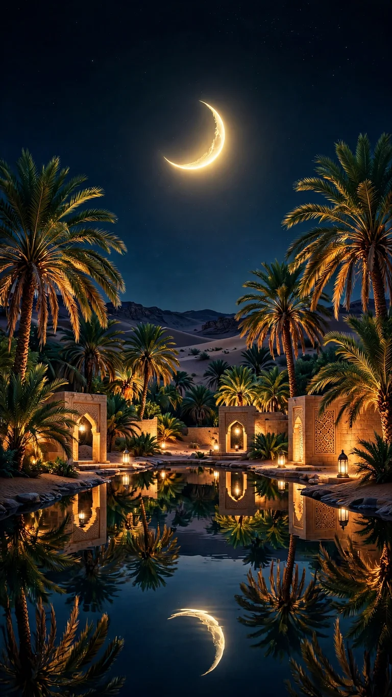 crescent moon over desert oasis with palm trees and reflective pool at night