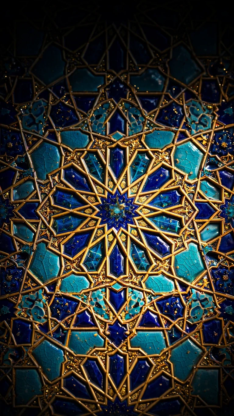 cobalt blue turquoise gold geometric star islamic tile pattern macro