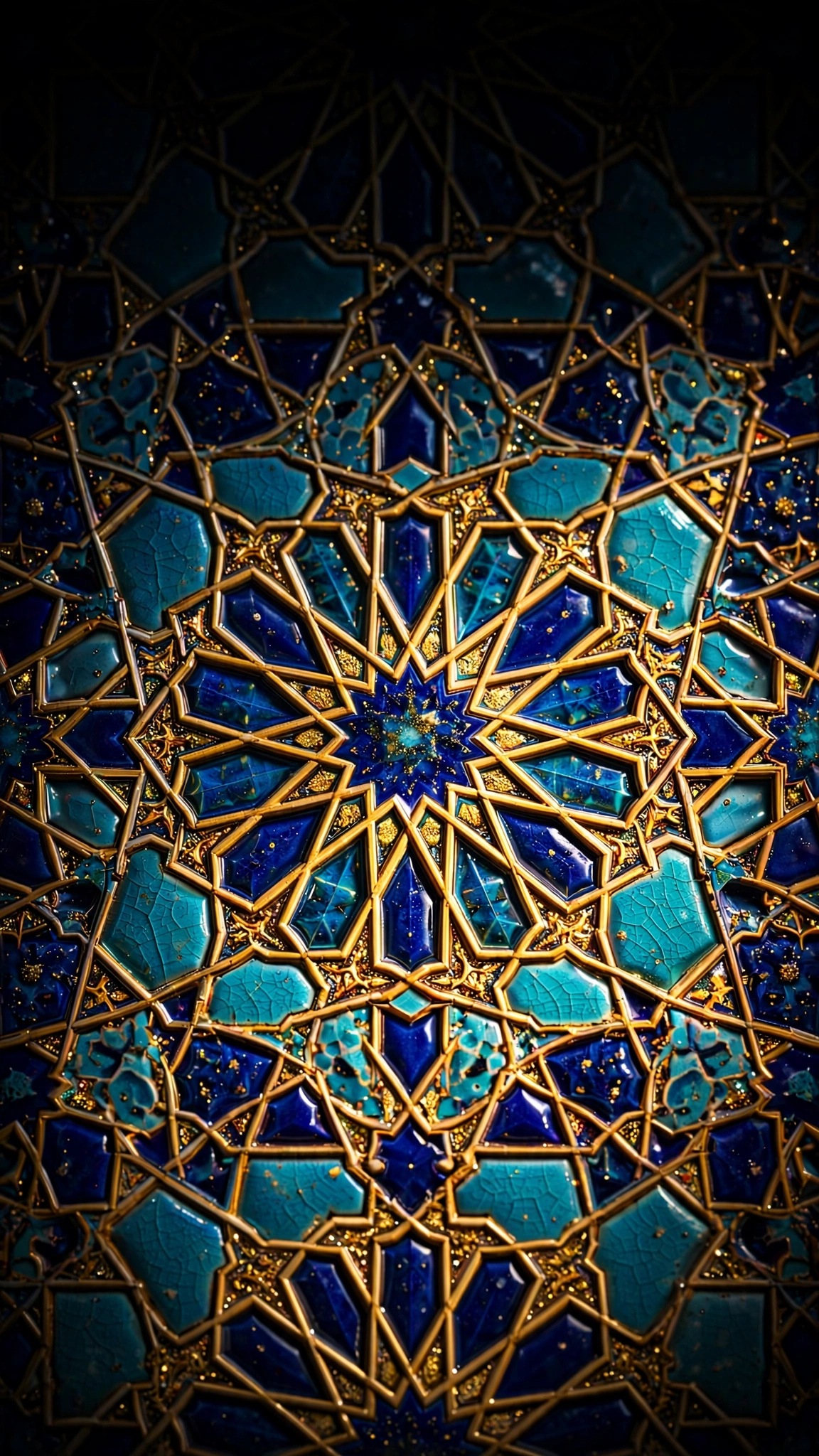 cobalt blue turquoise gold geometric star islamic tile pattern macro
