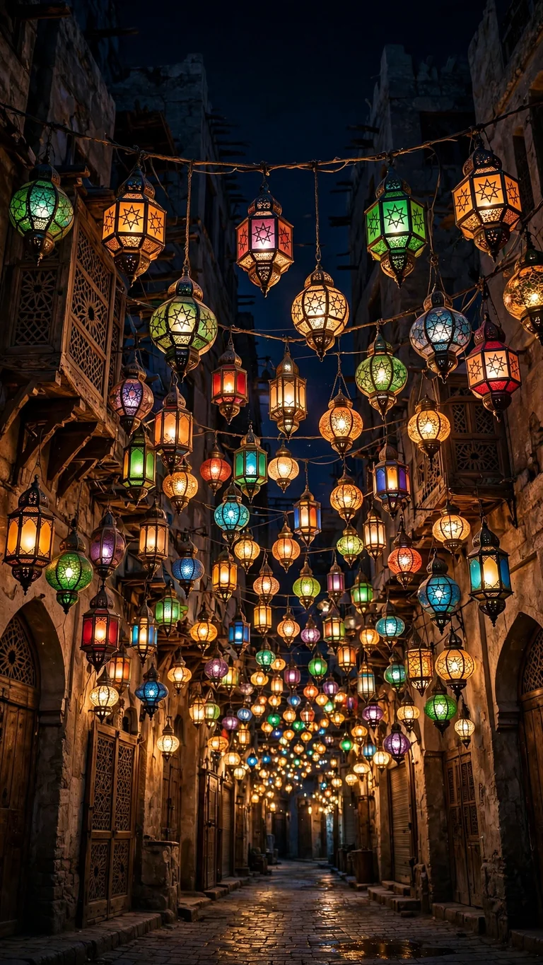 colorful glowing fanous lanterns hanging over old souk street at night