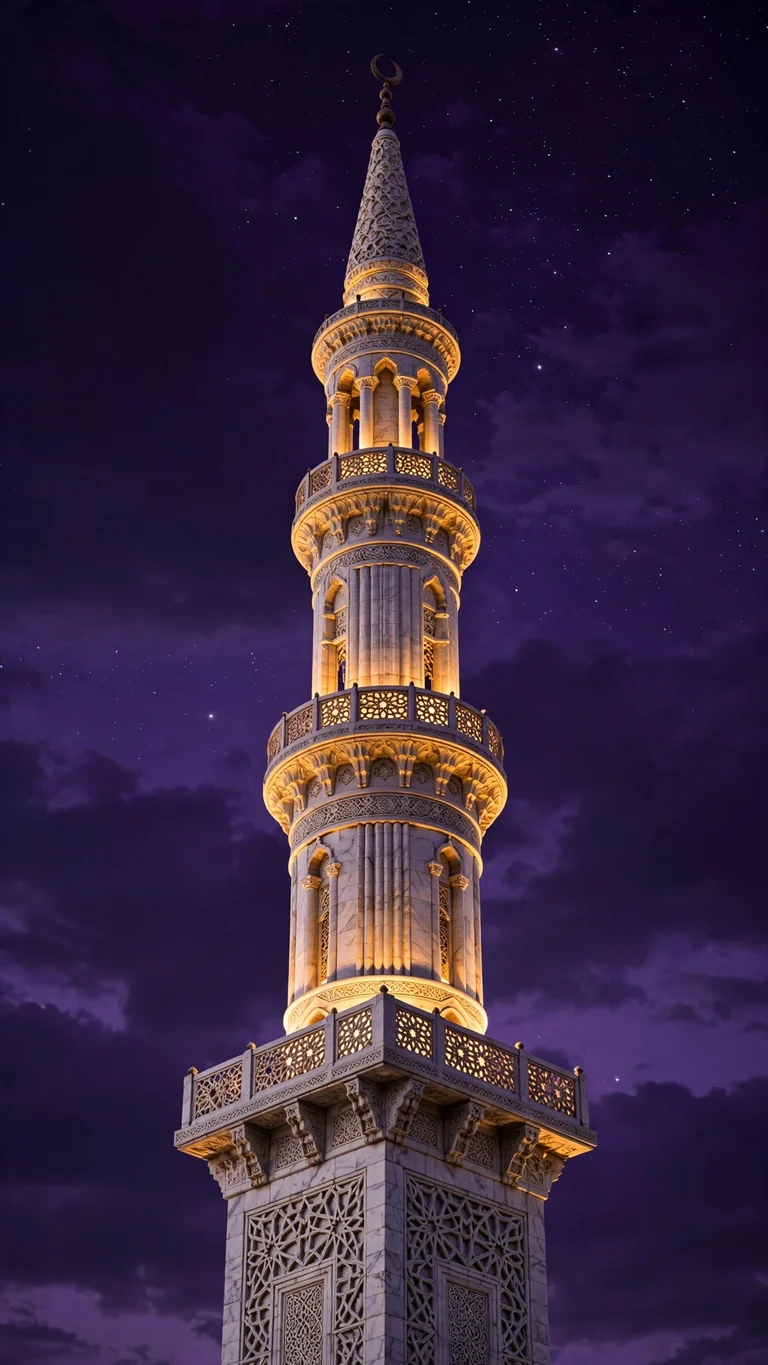 white marble minaret against deep purple twilight sky with stars