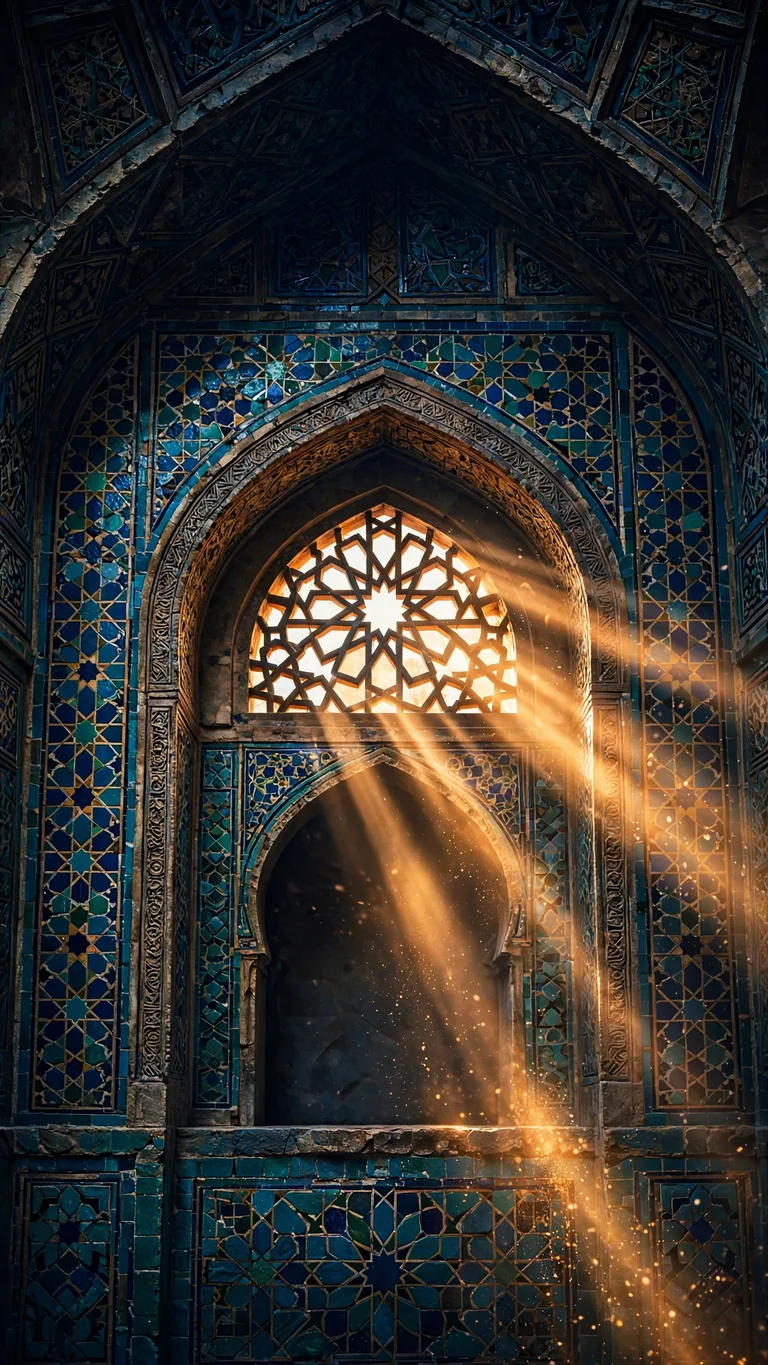 sunbeams streaming through geometric window over arched prayer niche