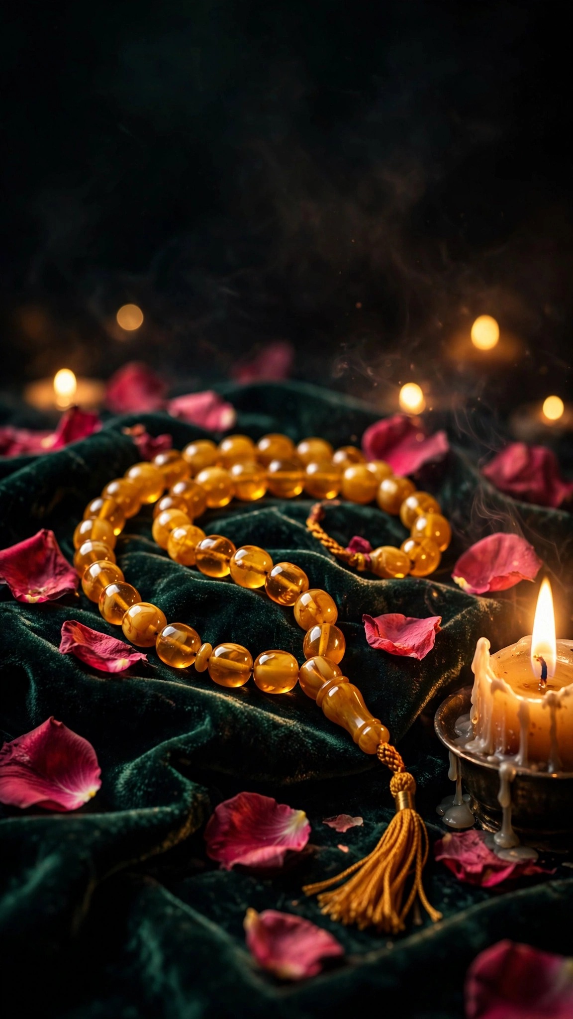 amber prayer beads on emerald velvet with rose petals and candlelight