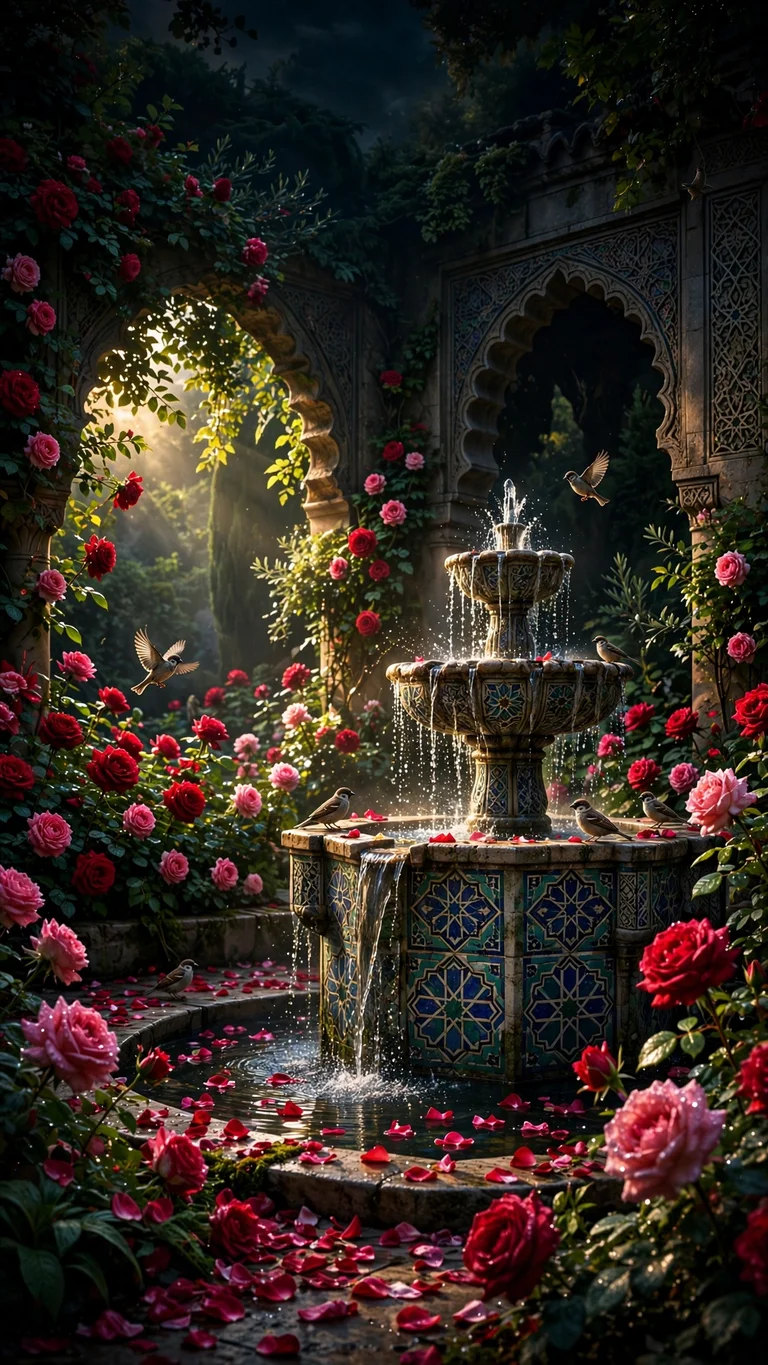 rose garden with tiled fountain scattered petals and birds in morning light