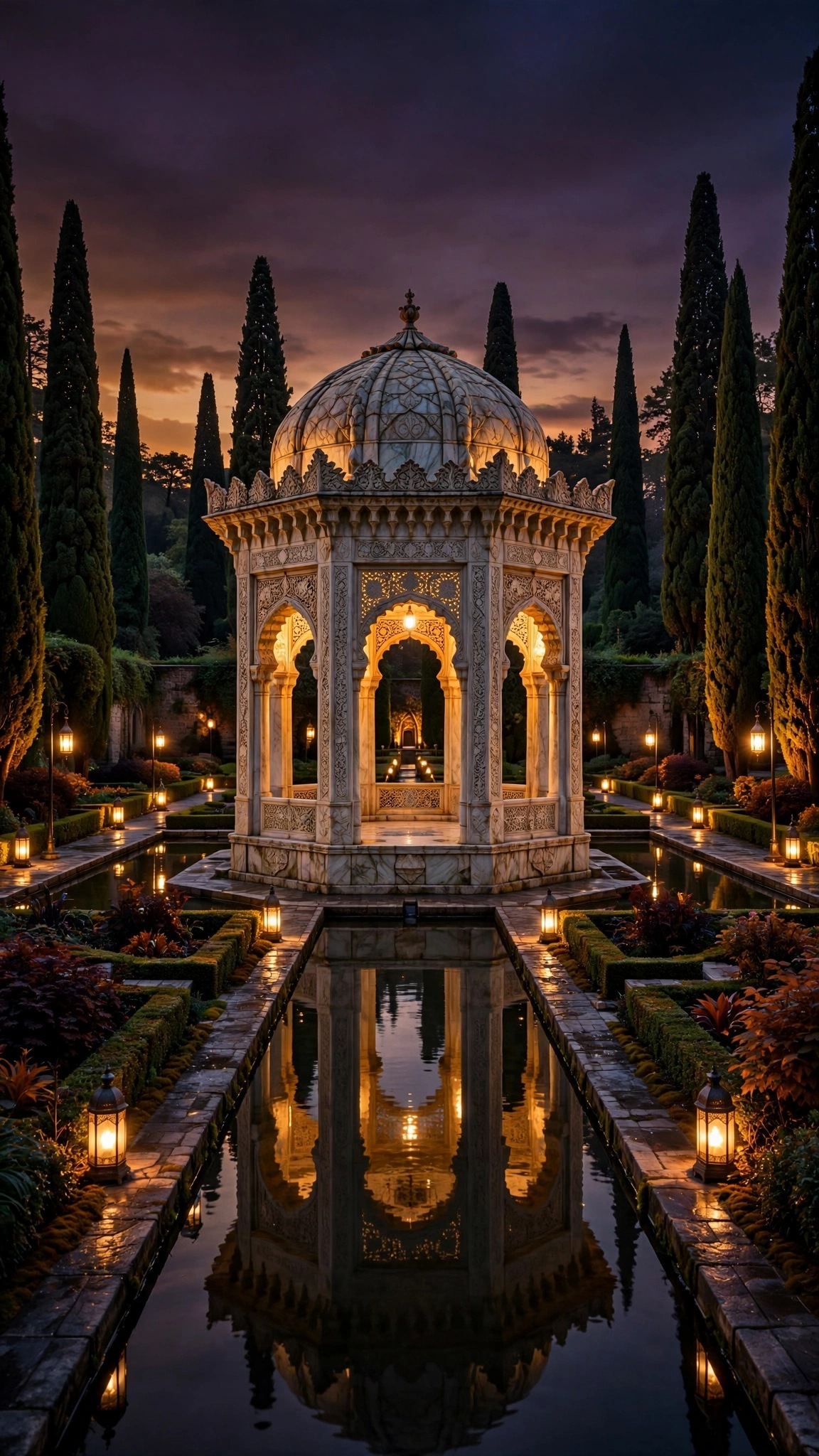 marble pavilion in a charbagh garden at dusk wallpaper