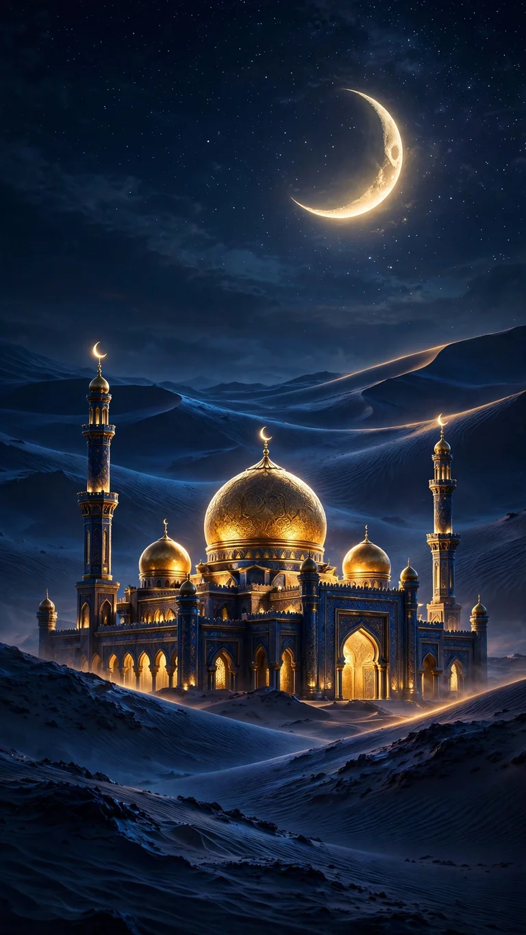 crescent moon over golden domed mosque in desert dunes wallpaper