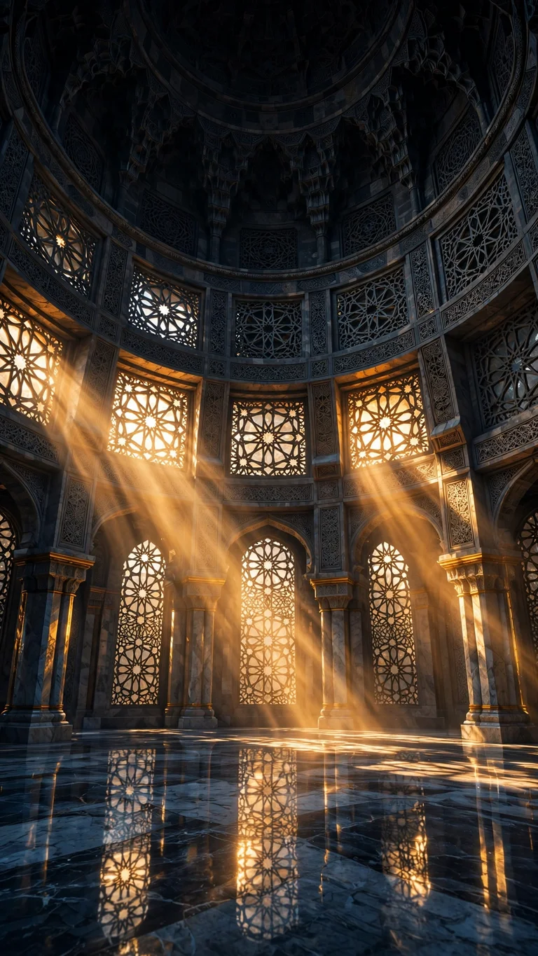 geometric light shafts inside domed prayer hall wallpaper