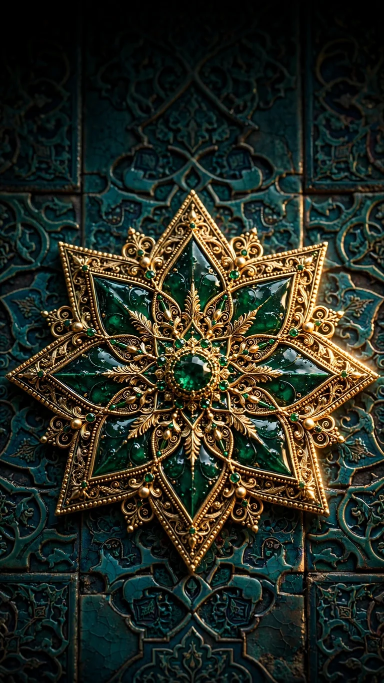 emerald and gold eight-pointed star medallion wallpaper