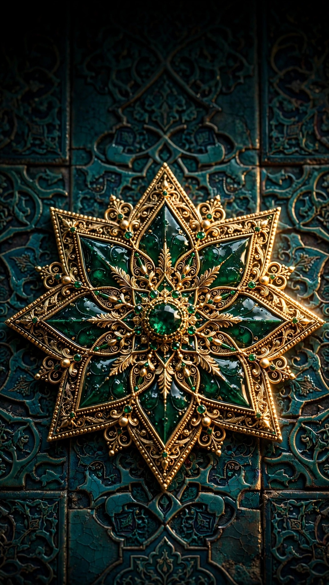 emerald and gold eight-pointed star medallion wallpaper