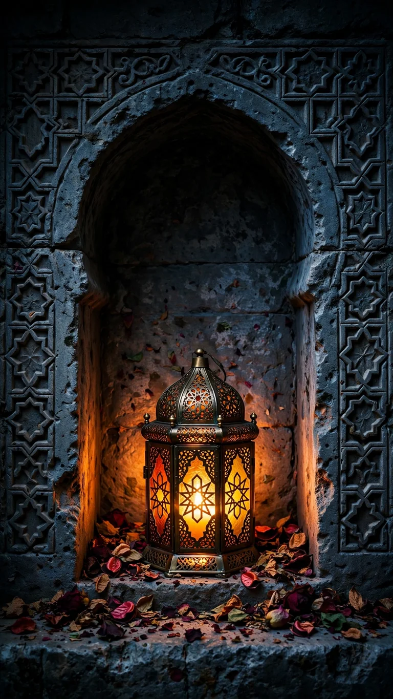 glowing fanous lantern in stone niche with rose petals wallpaper