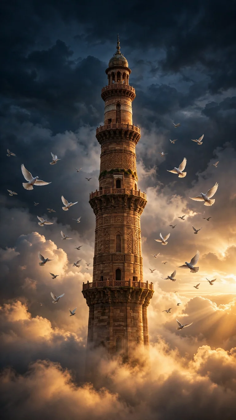 sandstone minaret at golden dawn with flying doves wallpaper