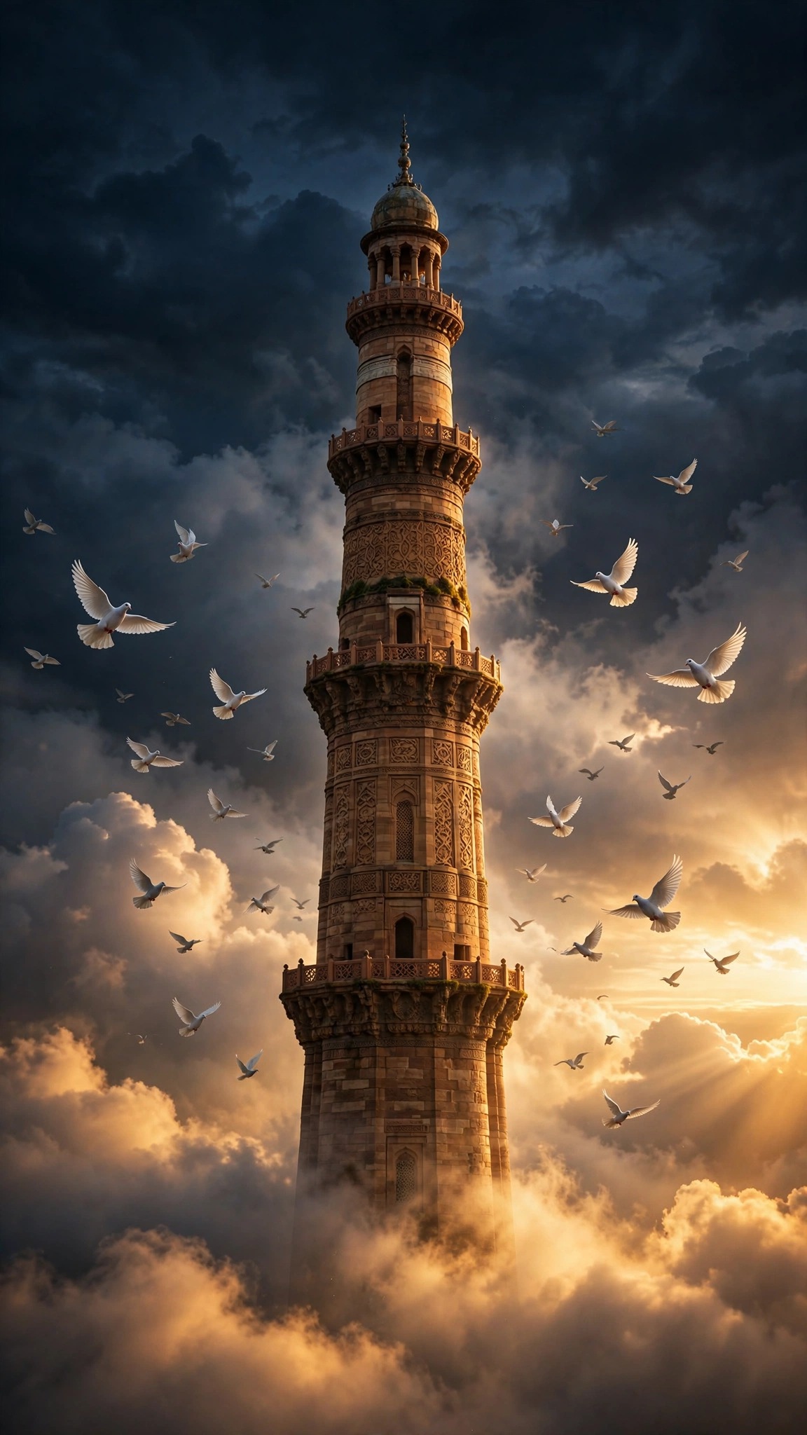 sandstone minaret at golden dawn with flying doves wallpaper
