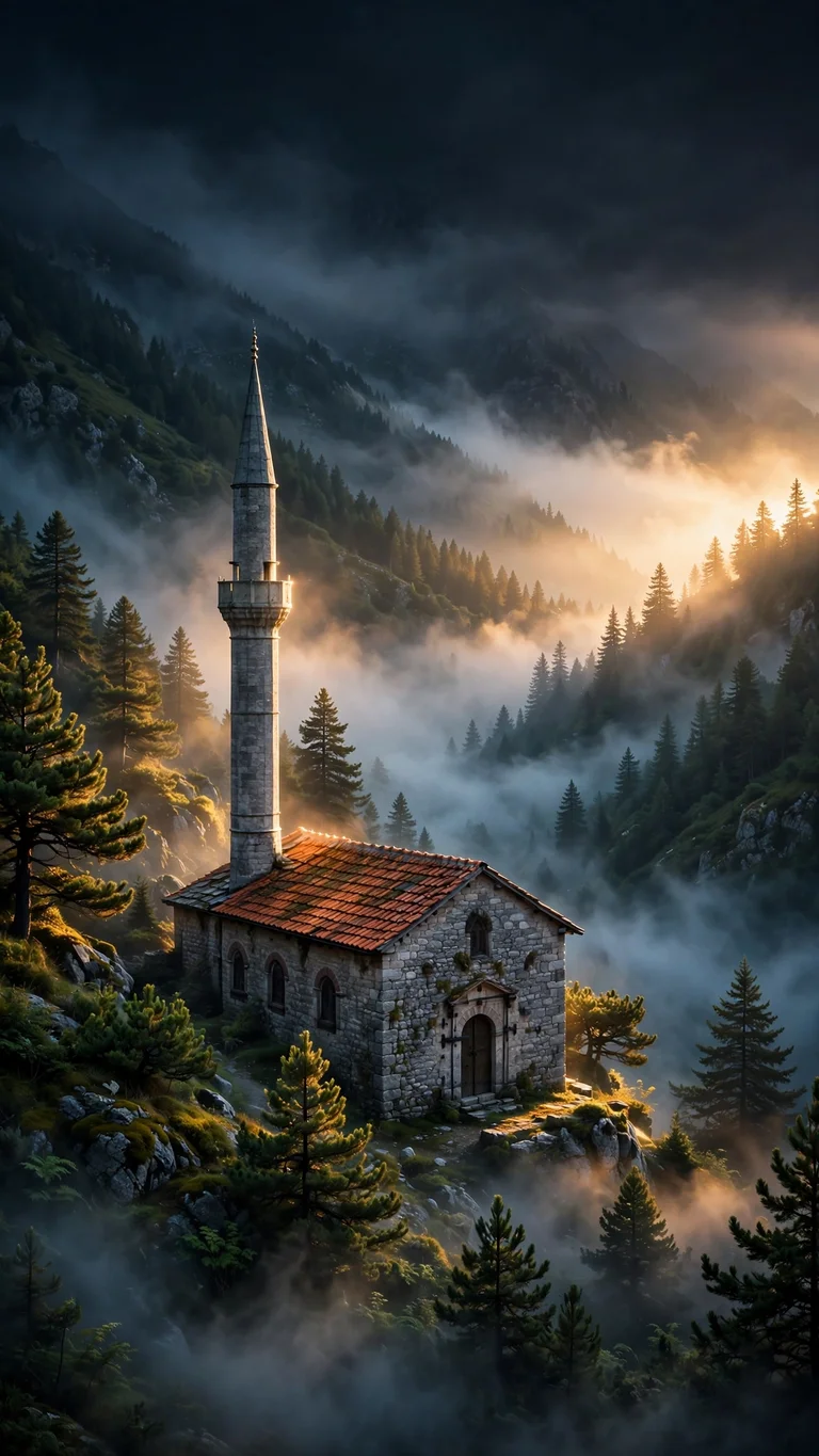 stone village mosque in morning fog on pine slopes wallpaper