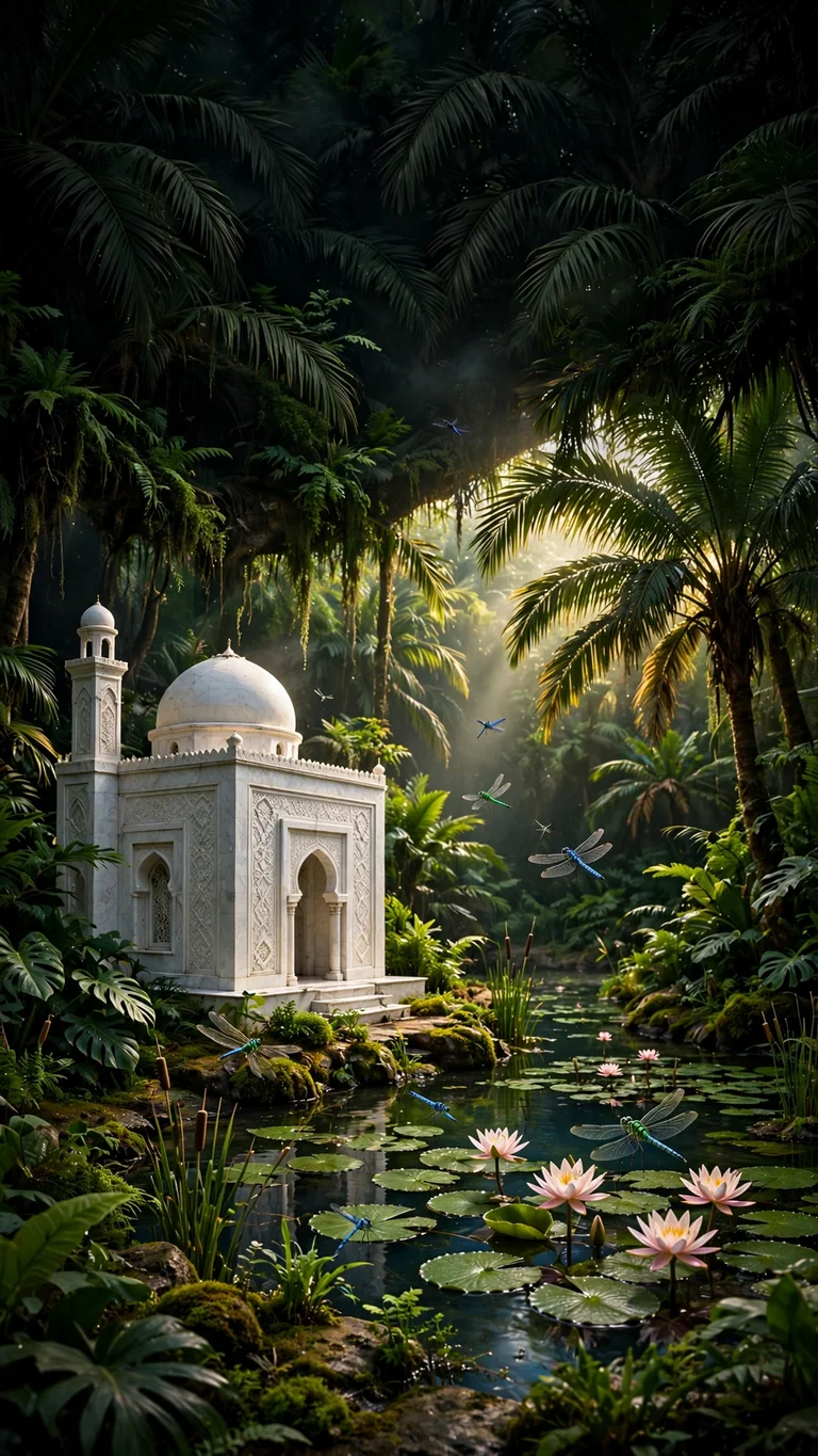 white mosque beside a lily pond in a palm oasis wallpaper